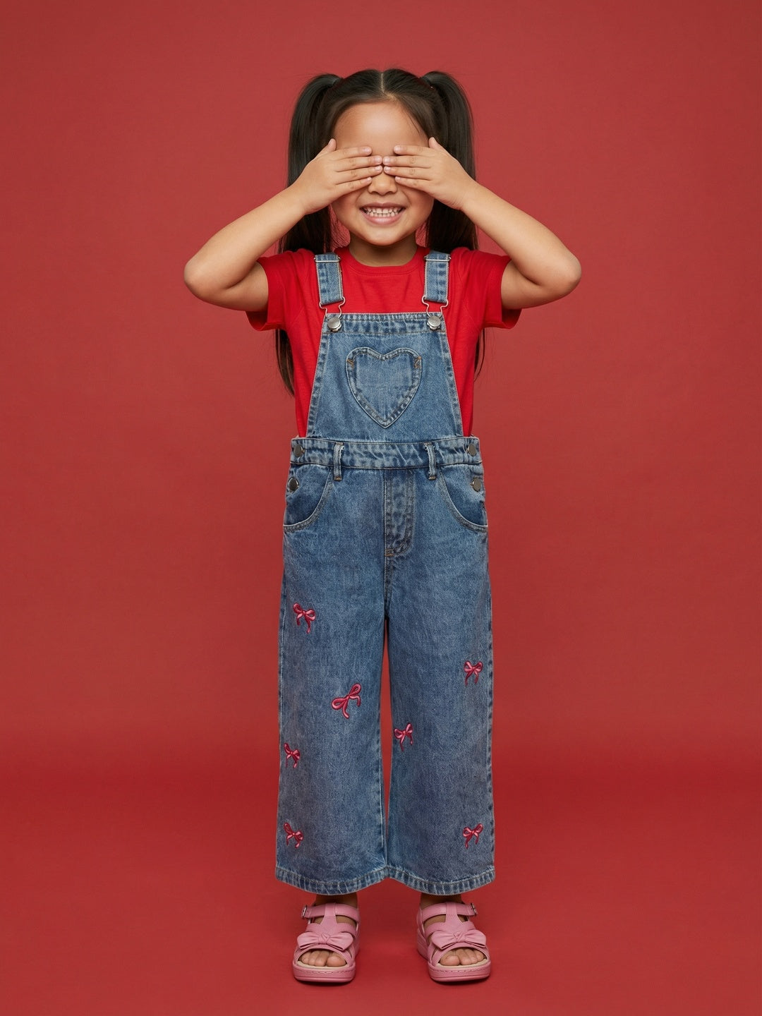 Nautinati Girls Bow Printed Regular Fit Denim Dungaree Set
