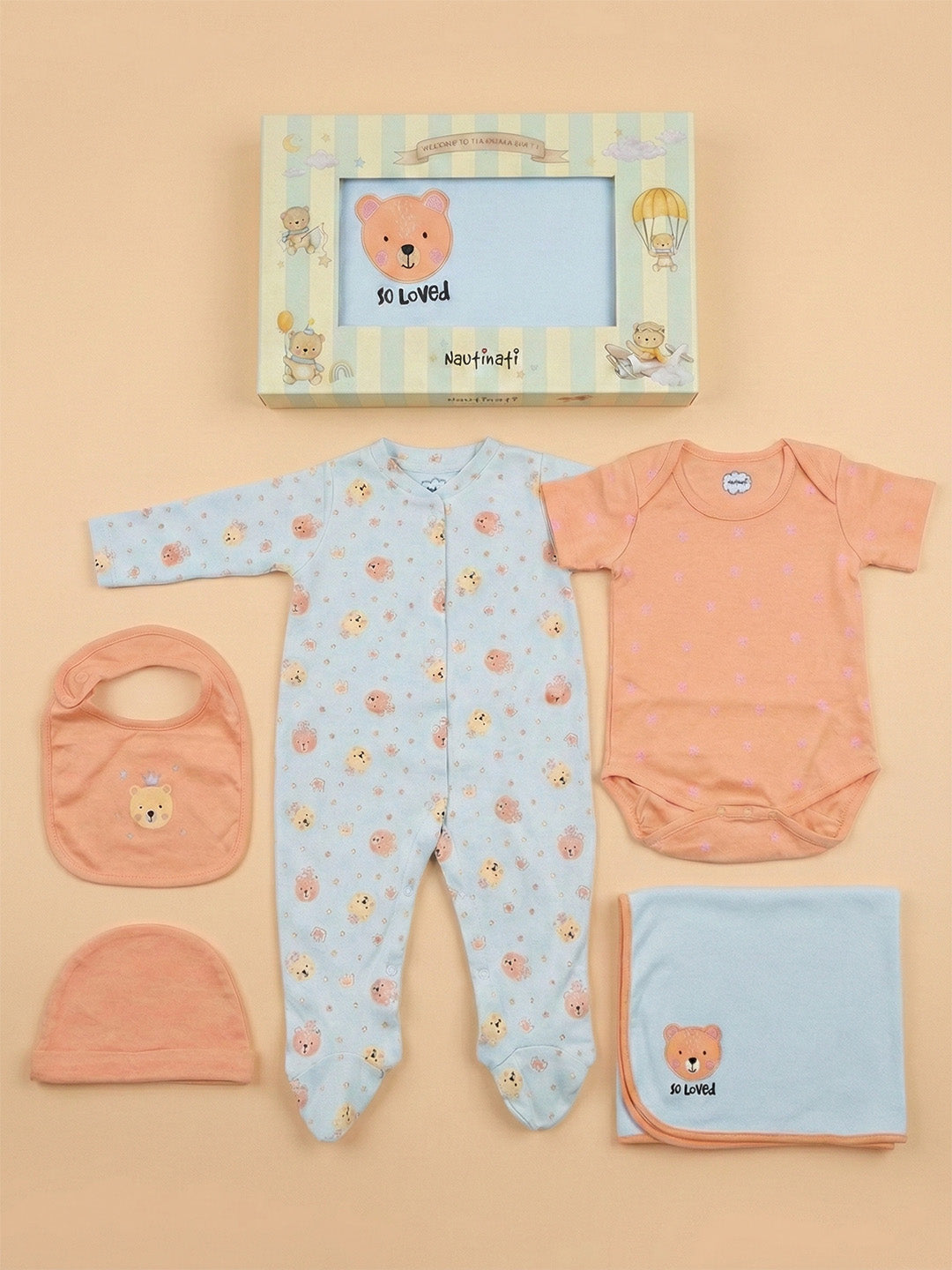 Nautinati Baby Boys 100% Cotton All-over & Placement Teddy Print 5-pieces Gift Set