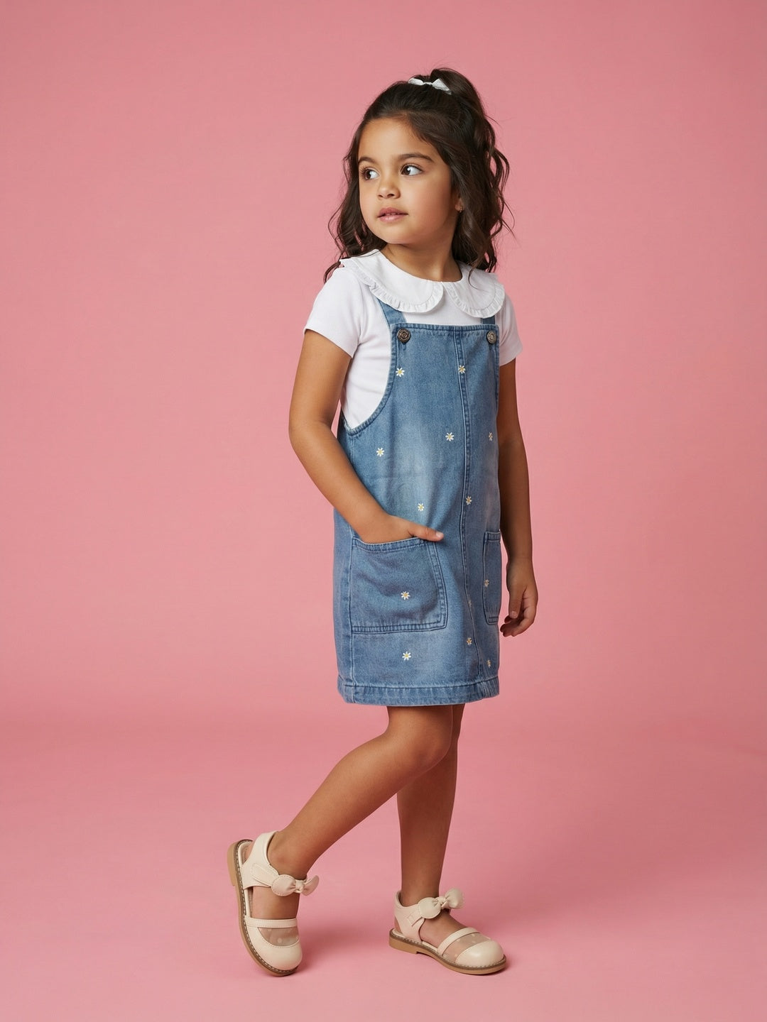 Nautinati Girls Floral Embroidered Pure Cotton Pinafore with T-shirt Co-ord Set