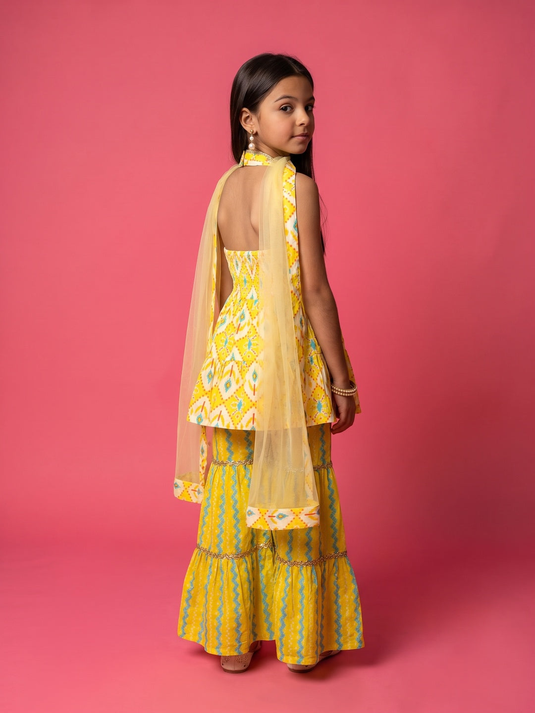 Nautinati Girls' 100% Cotton All-over Print Ikat Print Kurti with Wavy-striped Sharara & Net Dupatta