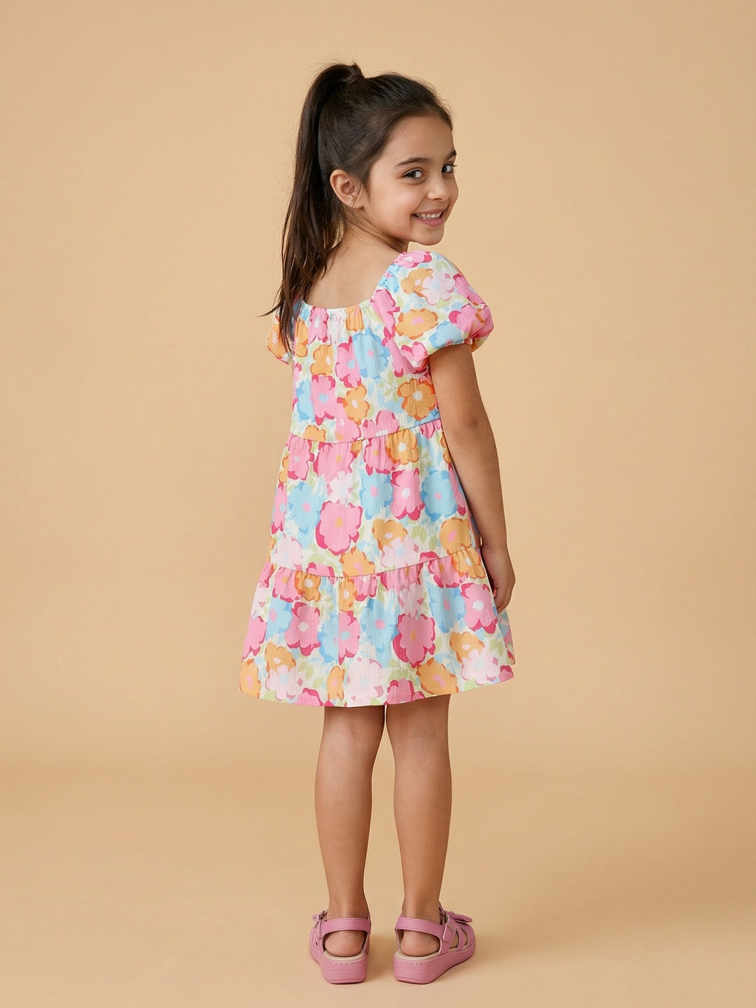 Nautinati Girls' Multicolour Floral Fit & Flare Dress with Puff Sleeves
