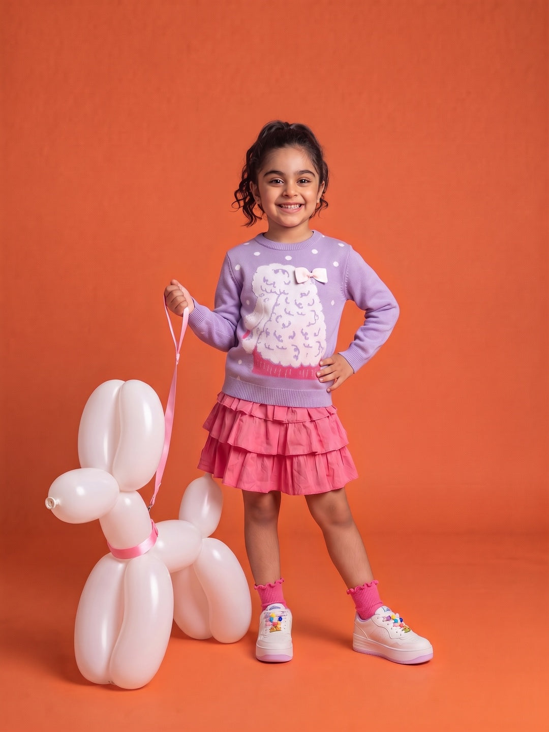 Nautinati Girls Relaxed Fit Poodle & Polka  Round Neck Jacquard Knit Sweater