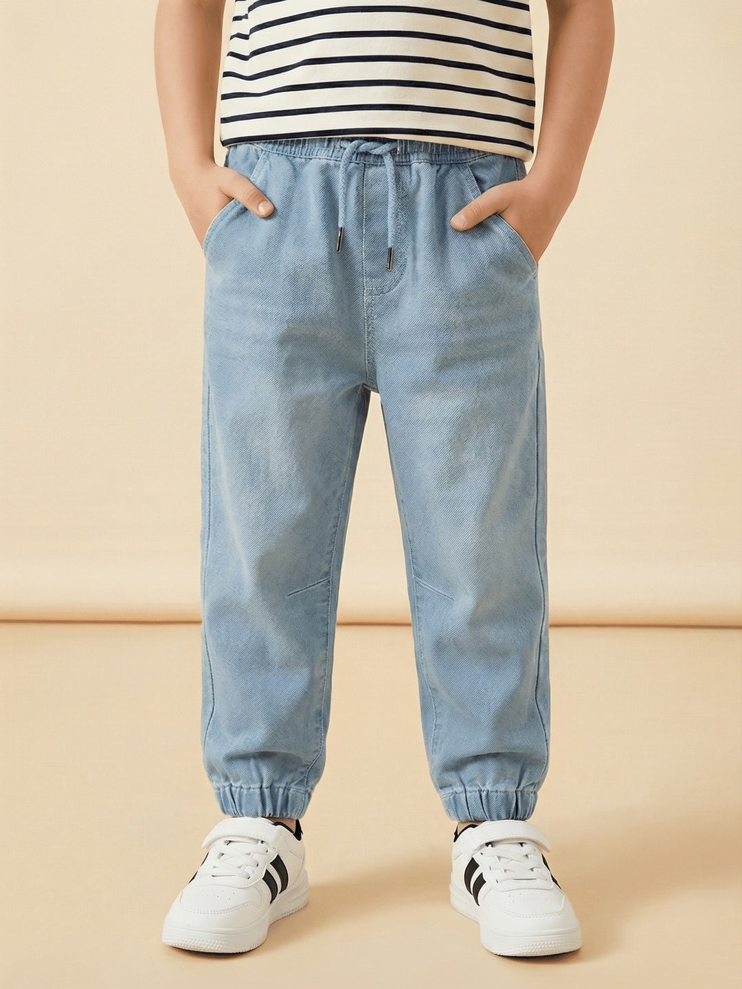 Nautinati Boys' 100% Cotton Stretchable Mid-blue Wash Jogger Jeans