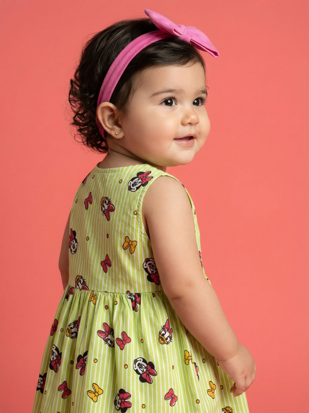 Nautinati Baby Girls' 100% Cotton All-over Disney Minnie Mouse Print & Striped Fit & Flare Dress