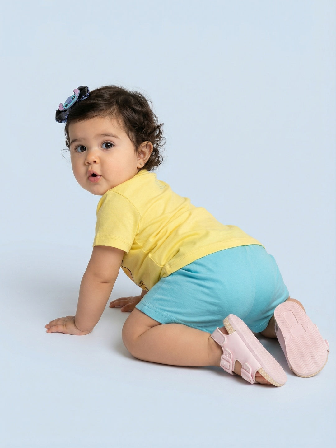 Nautinati Baby Girls Lilo & Stitch Printed Regular Fit T-shirt and Shorts Clothing Set