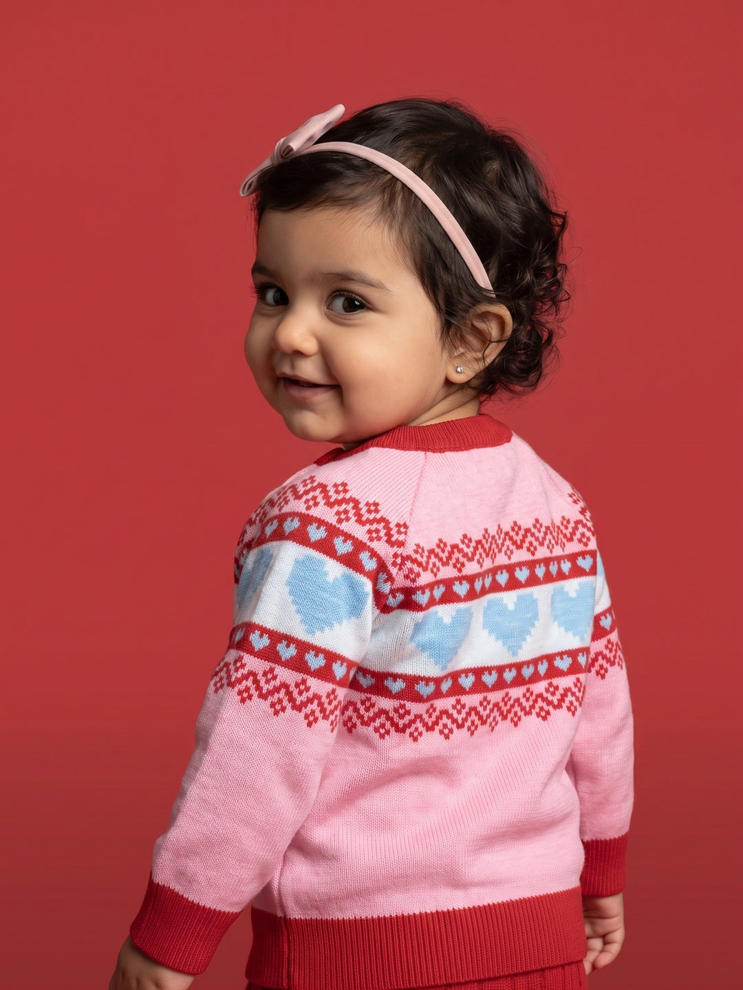 Nautinati Baby Girls Hearts Fairisle Knit Sweater with Button Closure, Relaxed Fit