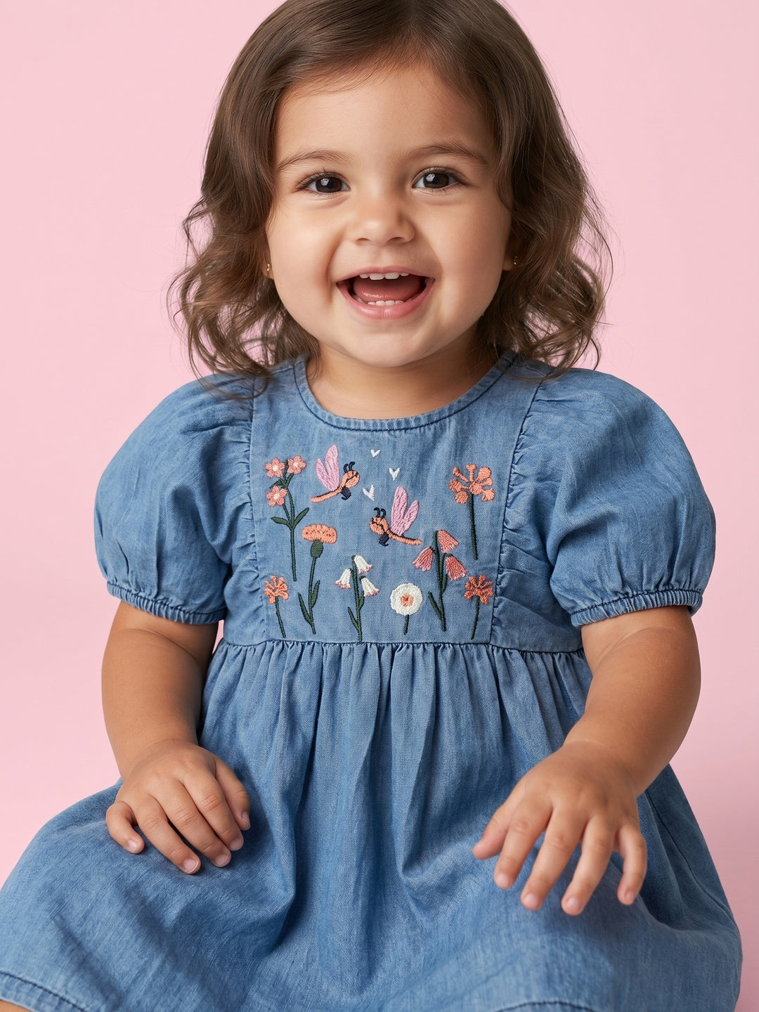 Nautinati Girls' Denim Floral, Dragonfly Embroidery Fit & Flare Dress