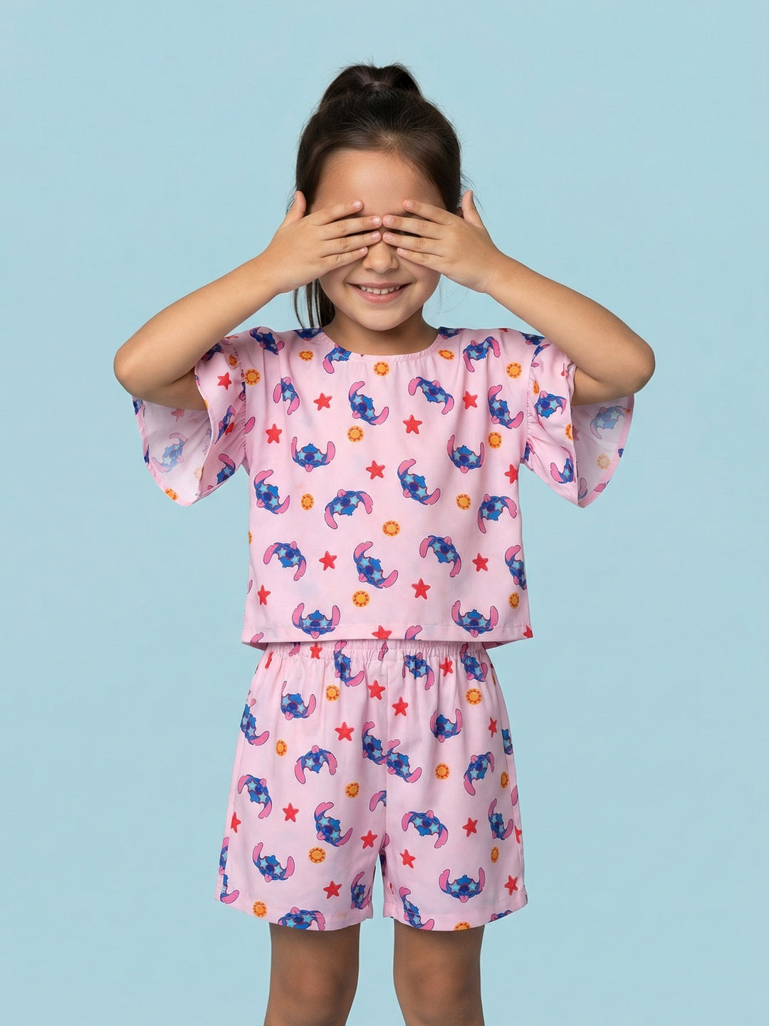 Nautinati Girls Lilo & Stitch Printed Regular Fit Round Neck T-shirt and Shorts Co-ord Set