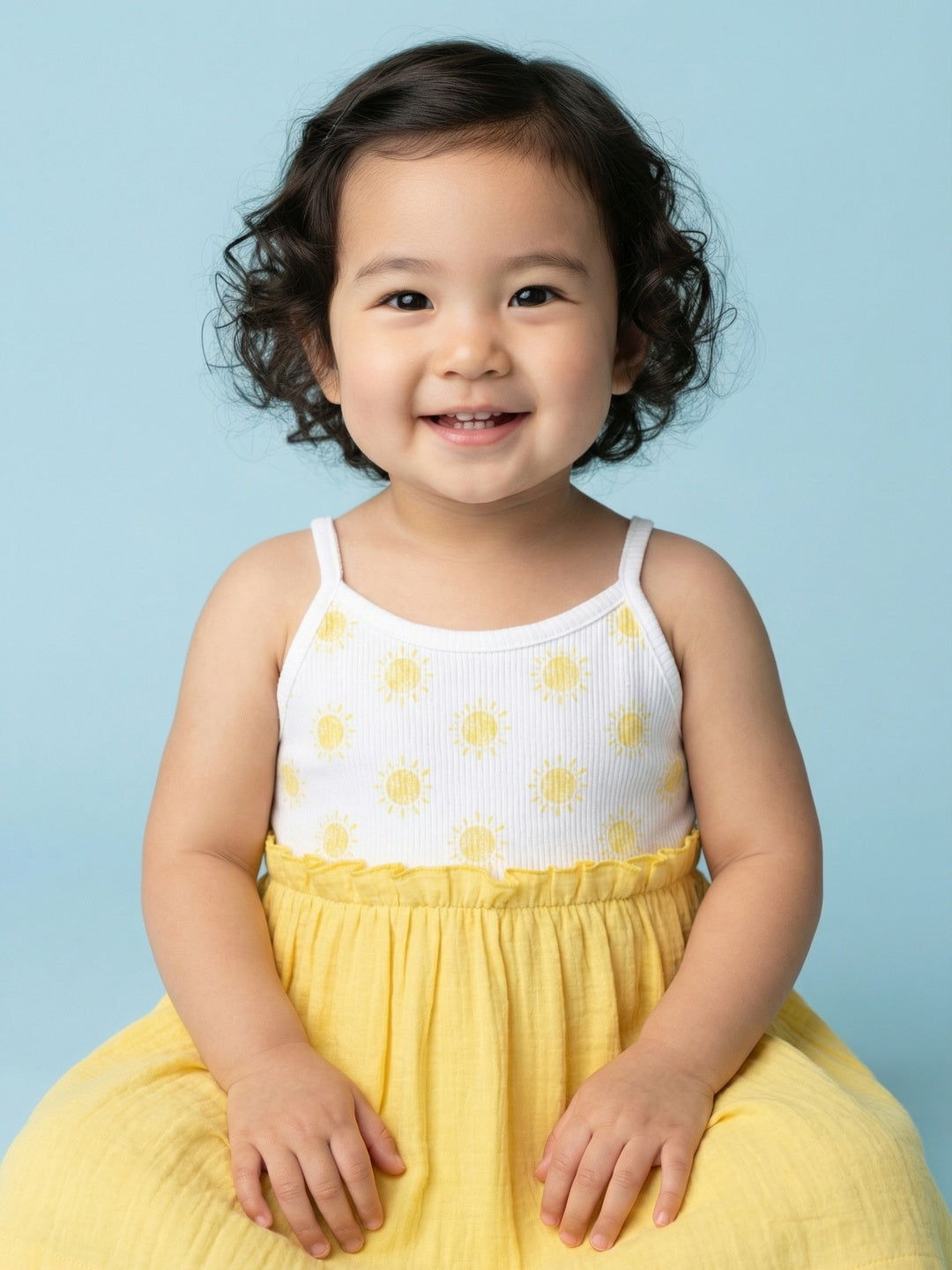 Nautinati Girls' Premium Double Cloth All-over Sun Print Fit & Flare Dress with Gathered Detail