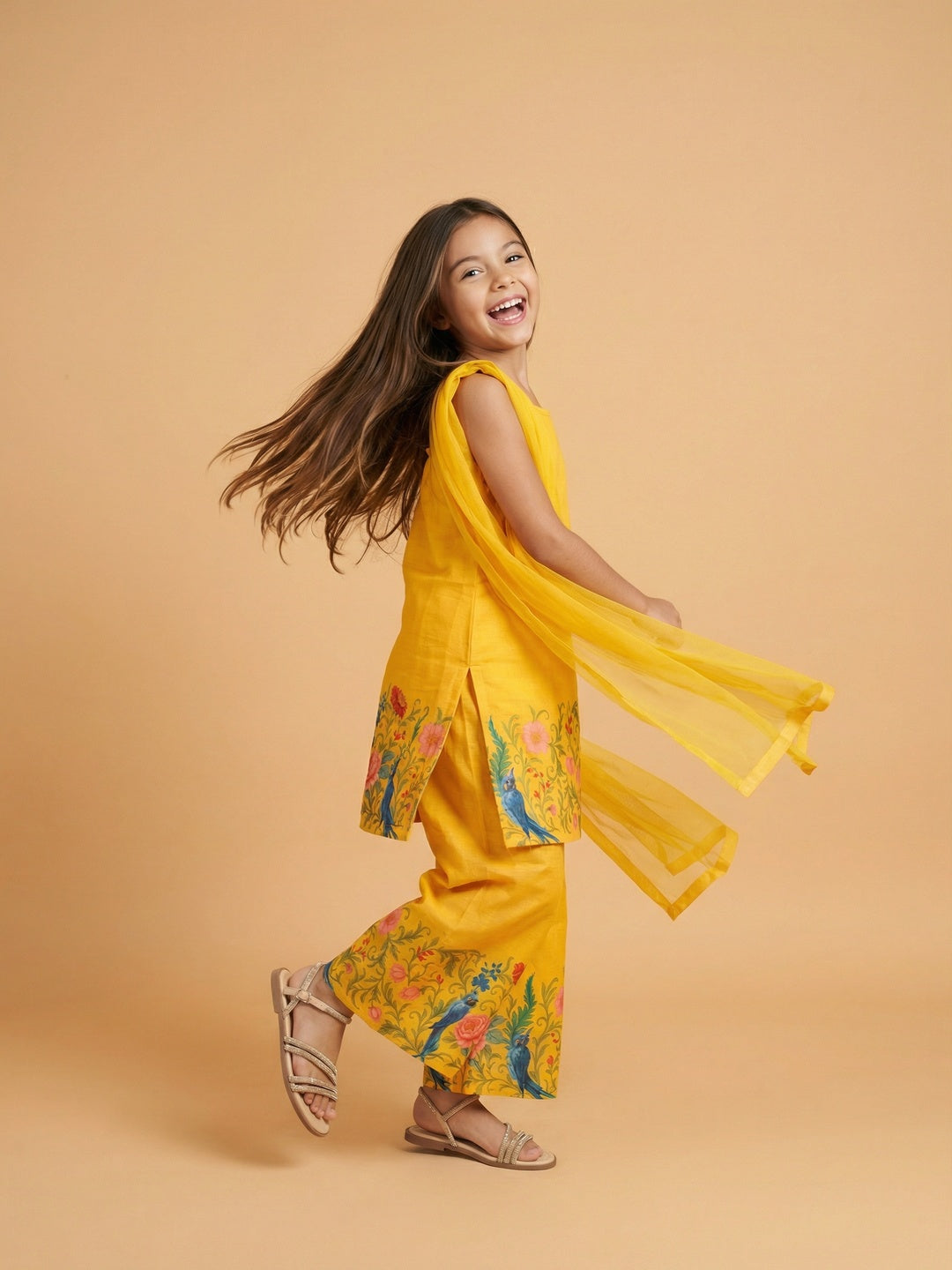 Nautinati Girls' Cotton Blend Woven Festive Floral Hem Printed Strappy A-line Kurti with Wide-leg Bottoms