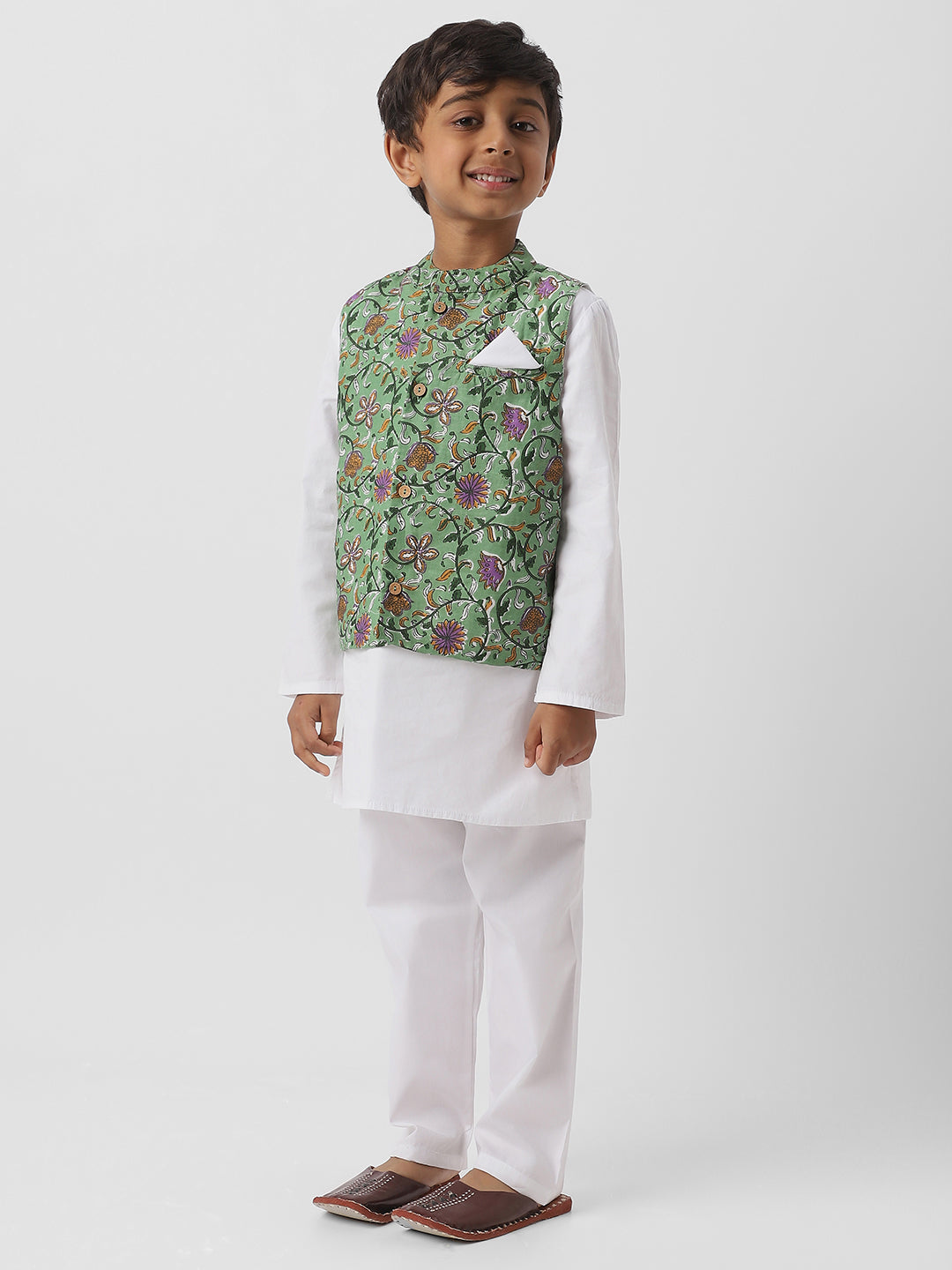 Nautinati Boysâ€™ White Cotton Full Sleeve Kurta-Pyjama with Floral Jaipur Print Nehru Jacket