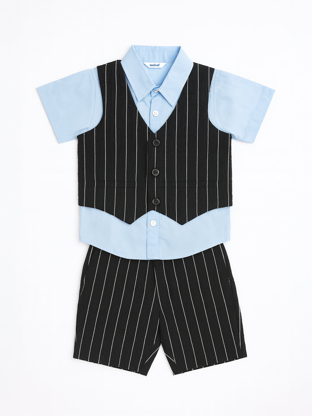 Nautinati Blue And Black Cotton Shirt With Striped Bottom & Waistcoat 3-Piece Set For Boys