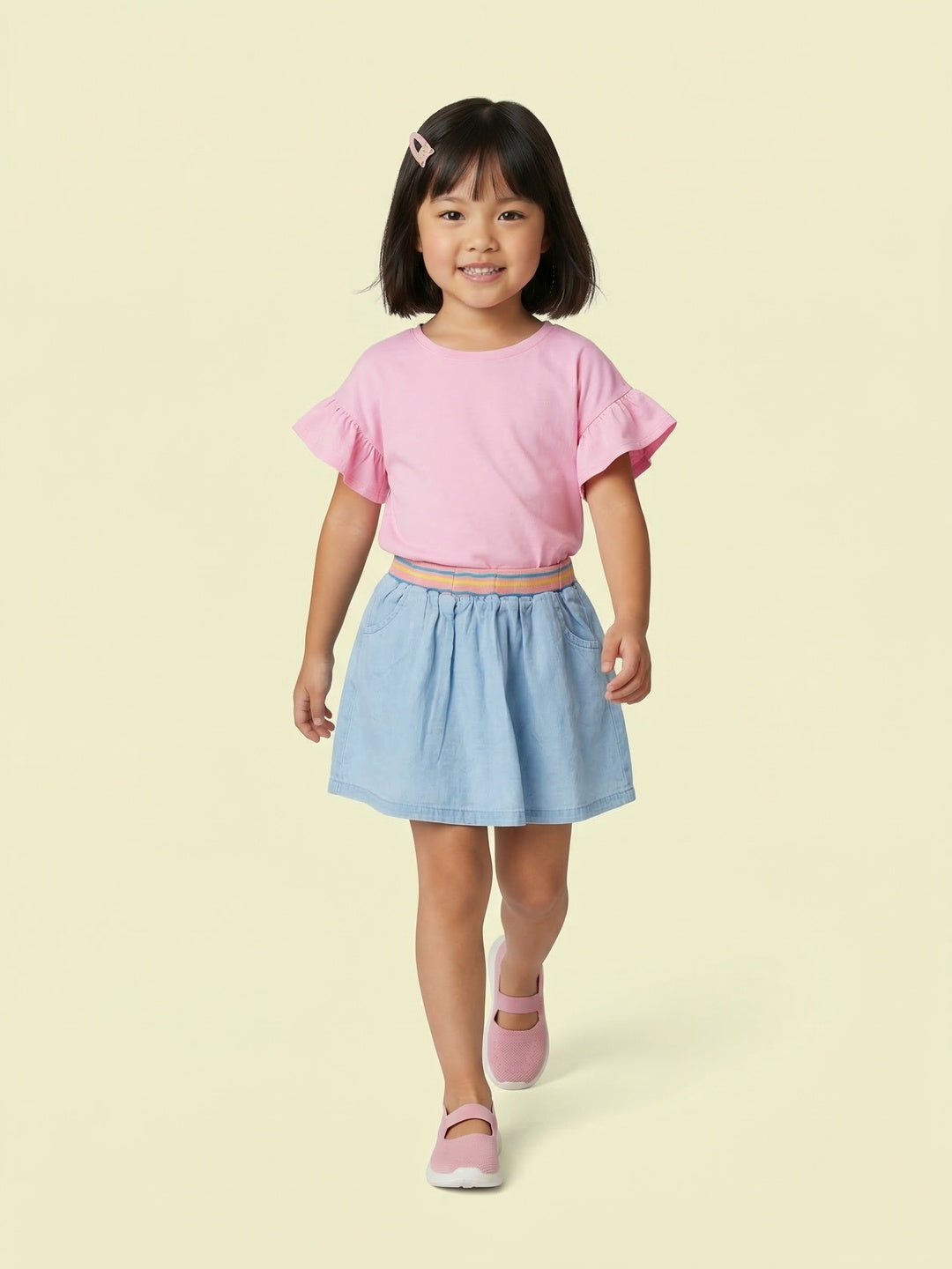 Nautinati Girls' 100% Cotton Mid-blue Wash Denim Skirt with Contrast-rib Waistband