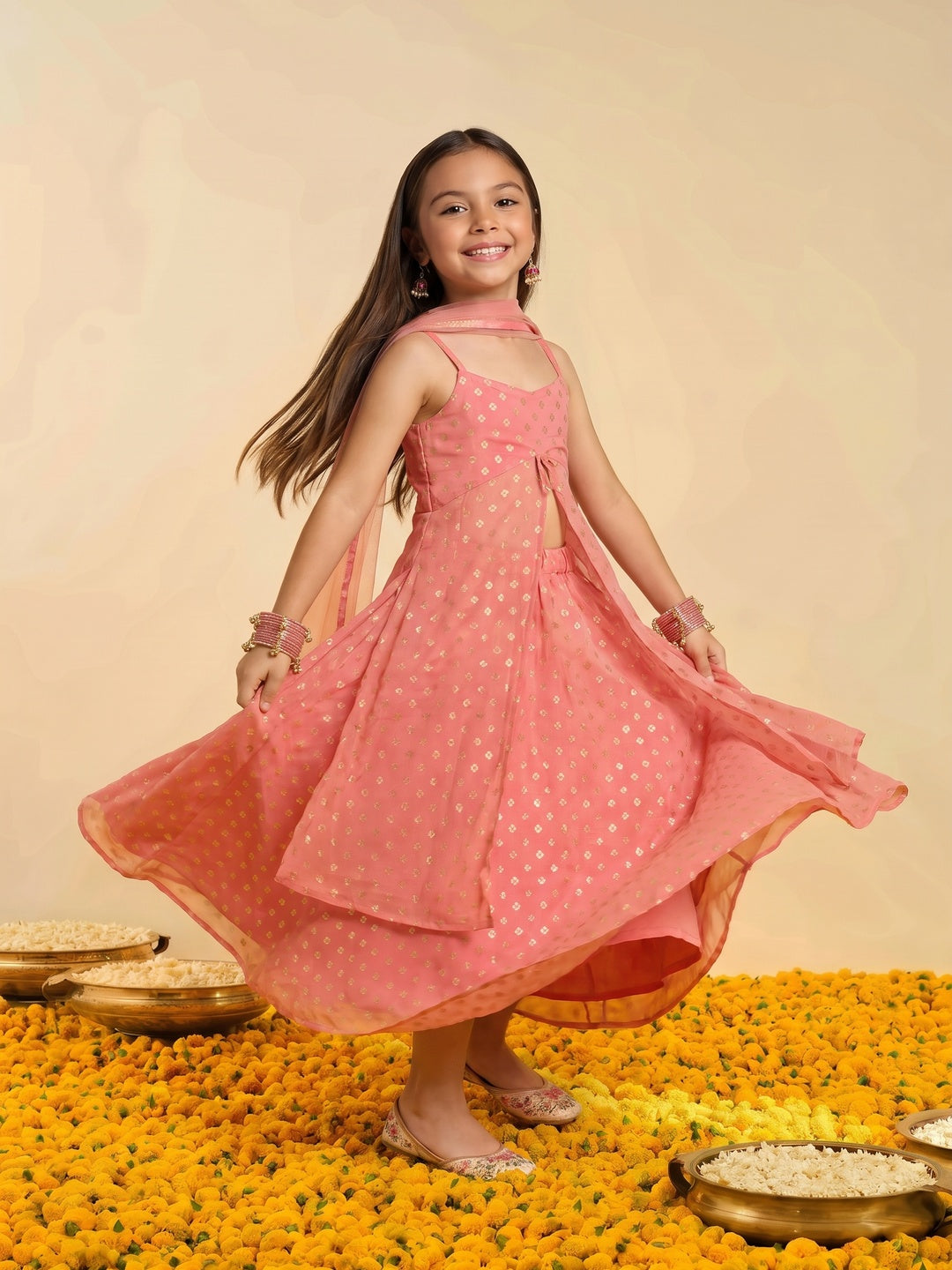 Nautinati Girls' Georgette Blend Ready-to-wear All-over Gold Toned Foil Print Lehenga & Blouse with Net Dupatta
