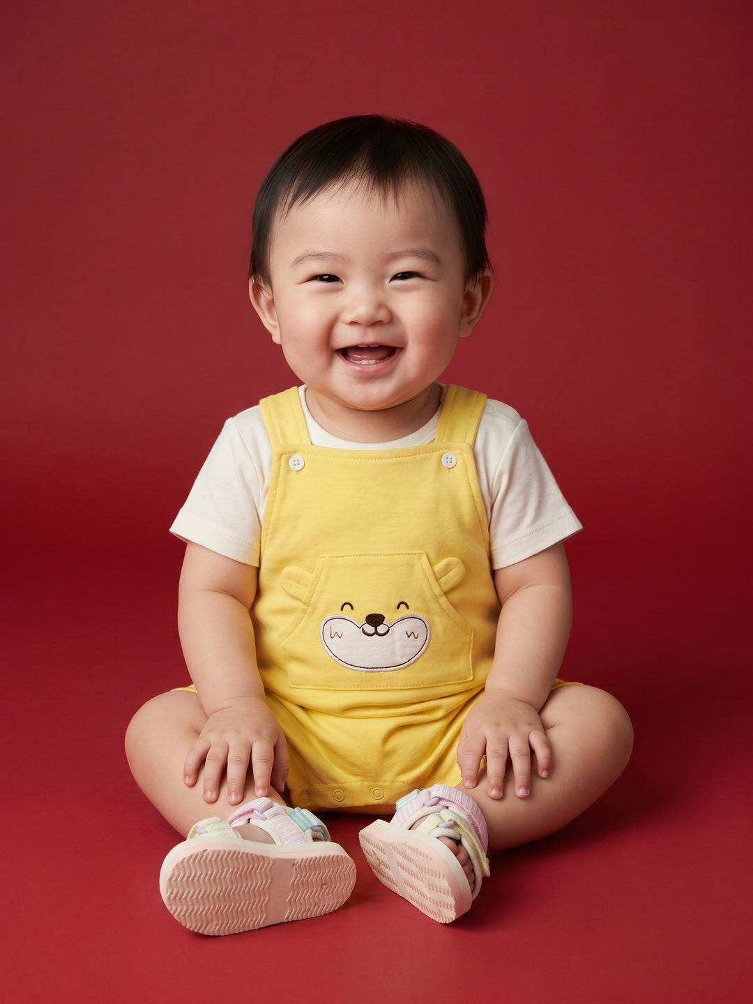 Nautinati Baby Boys Pure Cotton Yellow Bear Applique Half Sleeve Dungaree Set
