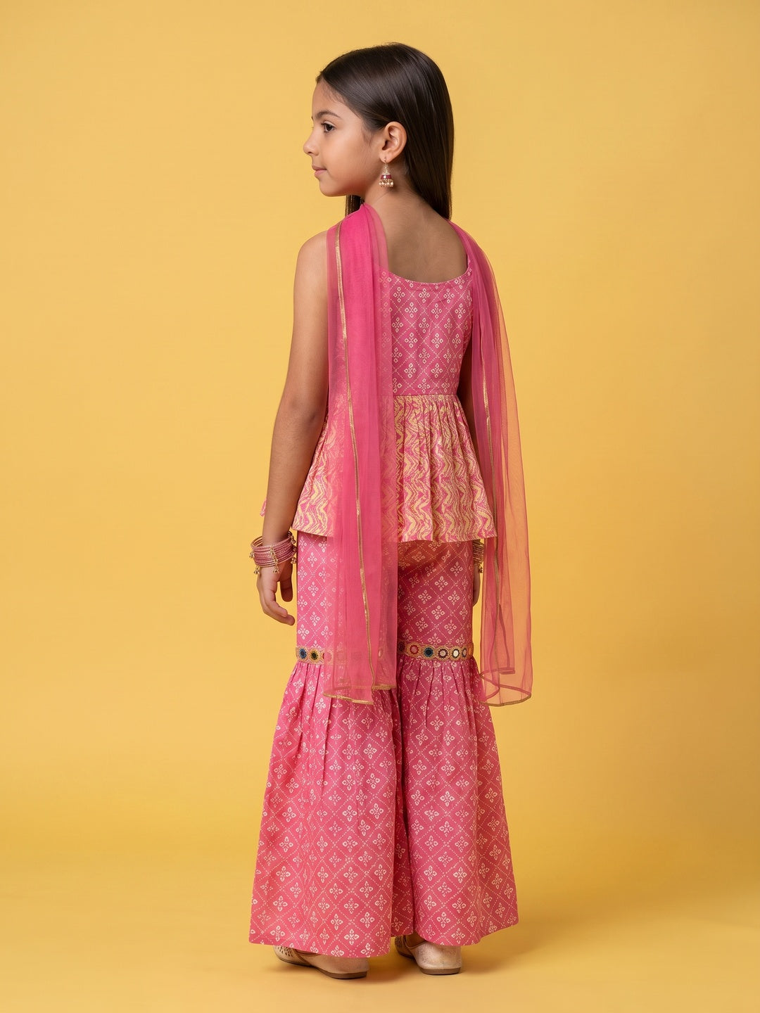 Nautinati Girls Bandhani Printed Mirror Work Pure Cotton Kurti With Sharara Dupatta