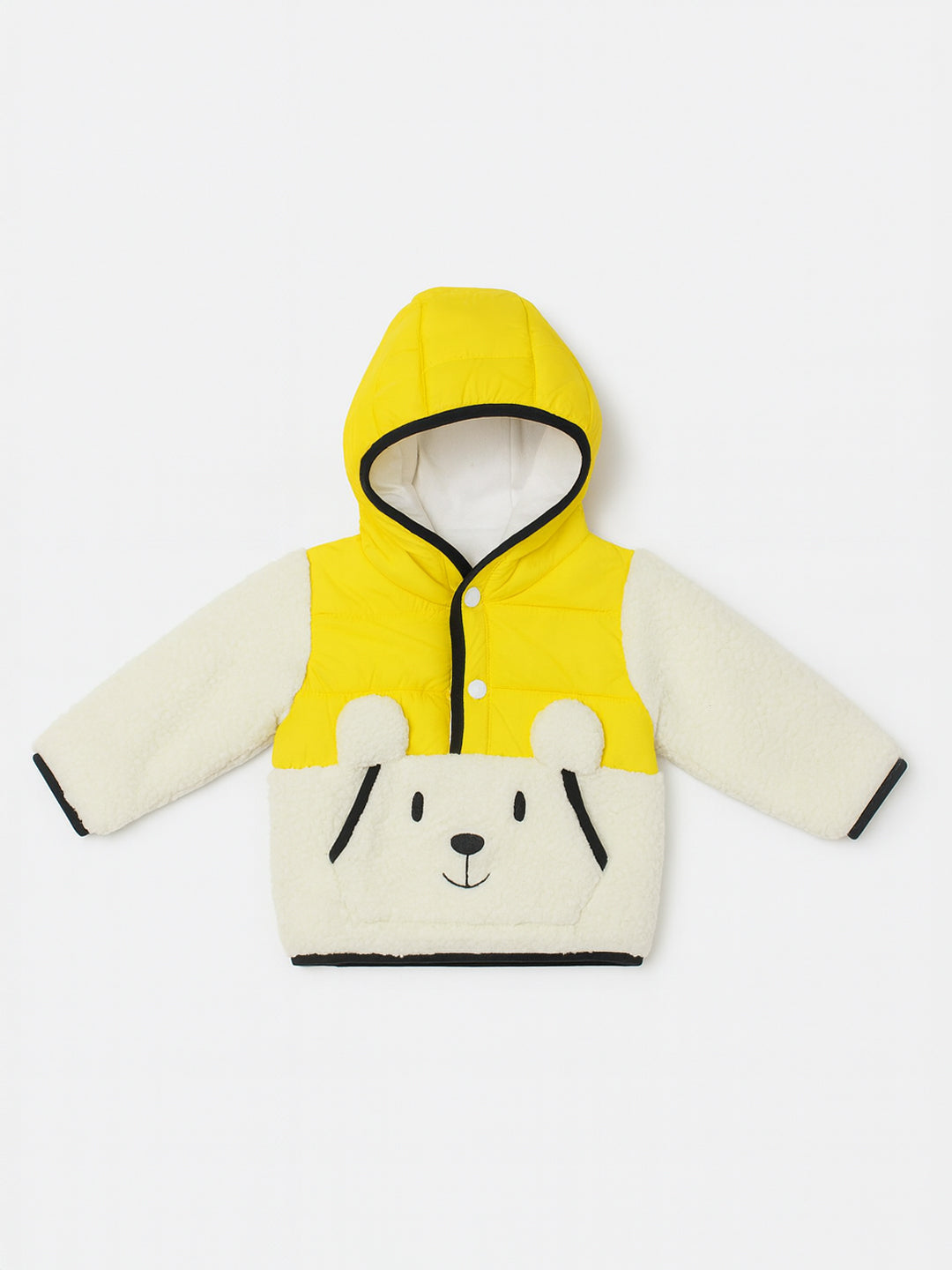 Nautinati White and Yellow Colourblocked Hooded Jacket With Bear Design for Boys