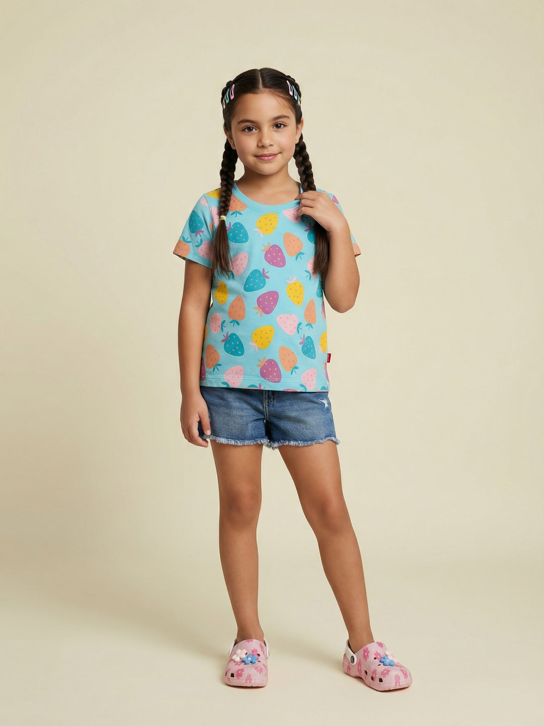 Nautinati Girls' 100% Cotton Pack of 2 Strawberry Graphic & All-over Print Crew Neck T-shirts