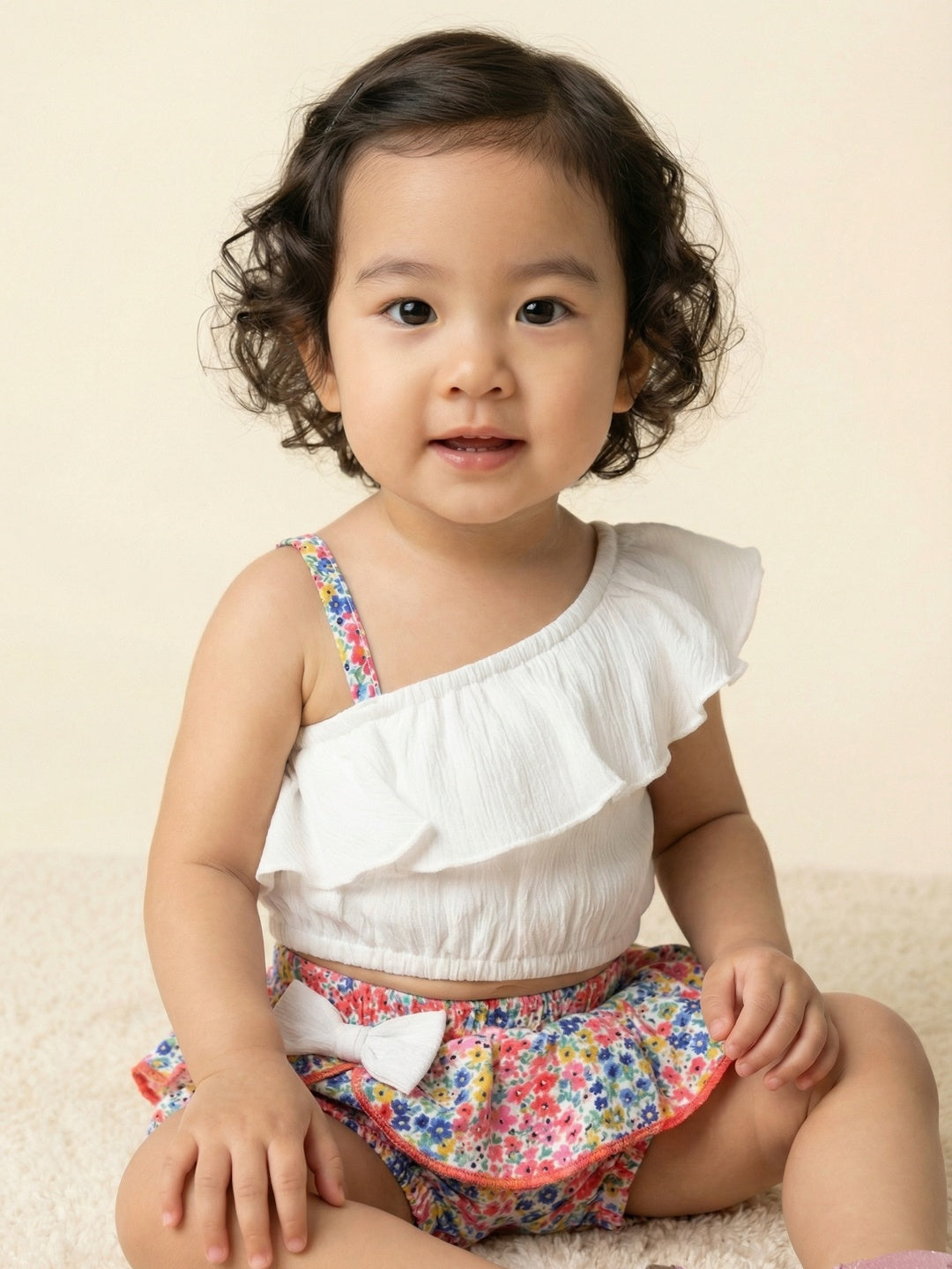 Nautinati Girls' Single-shouldered Top & All-over Floral Shorts Co-ord Set