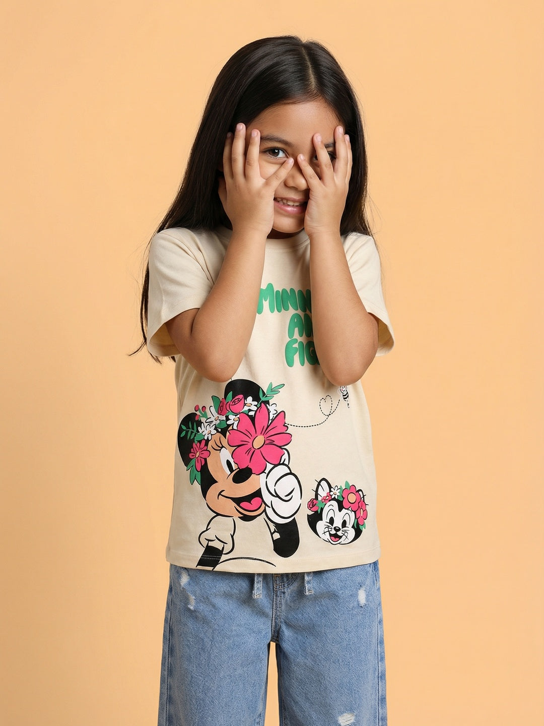 Nautinati Girls' 100% Cotton Disney Minnie & Figaro Garden Graphic Oversized Crew Neck T-shirt