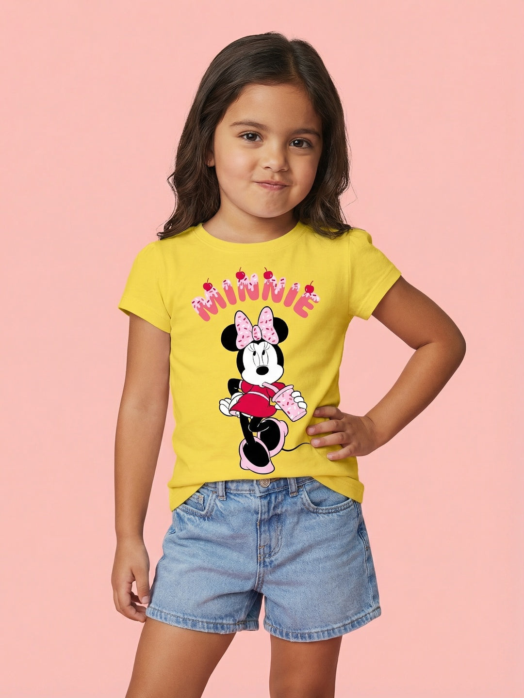 Nautinati Girls' 100% Cotton Crew Neck Disney Minnie Mouse Cupcake Placement Print T-shirt
