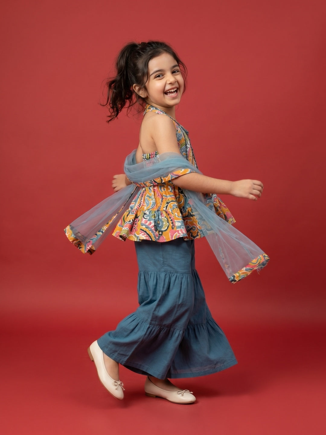 Nautinati Girls' A-line All-over Paisley Print Kurti, Solid Sharara, Net Dupatta Set with Gota Patti Details