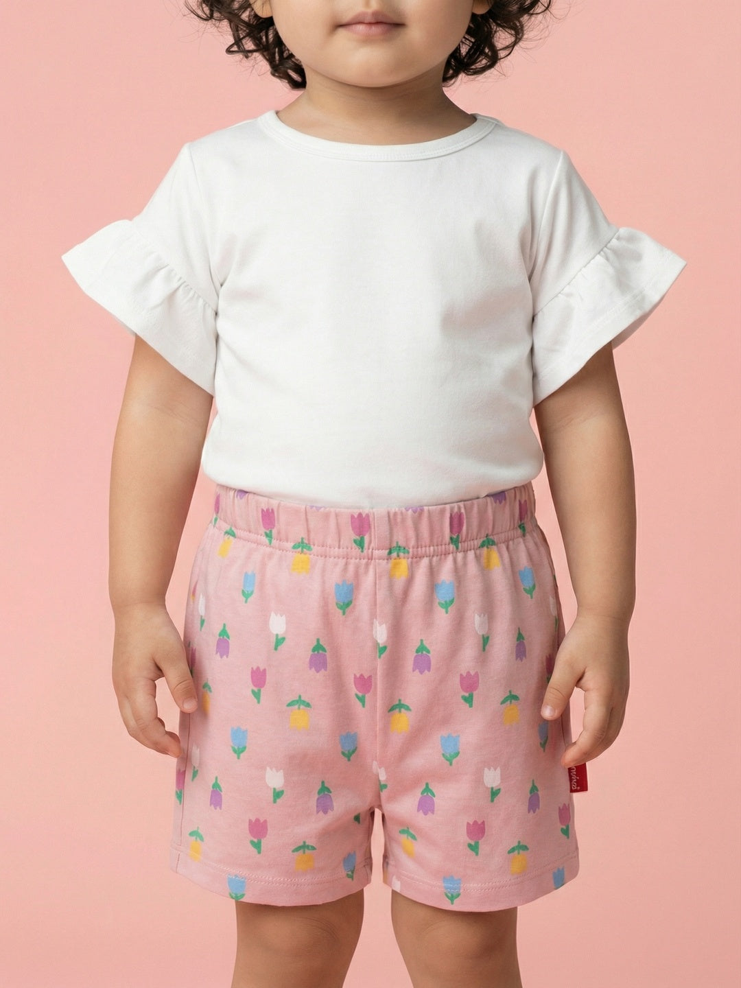 Nautinati Baby Girls' 100% Interlock Cotton Pack of 2 Flower All-over & Rainbow Placement Print Shorts