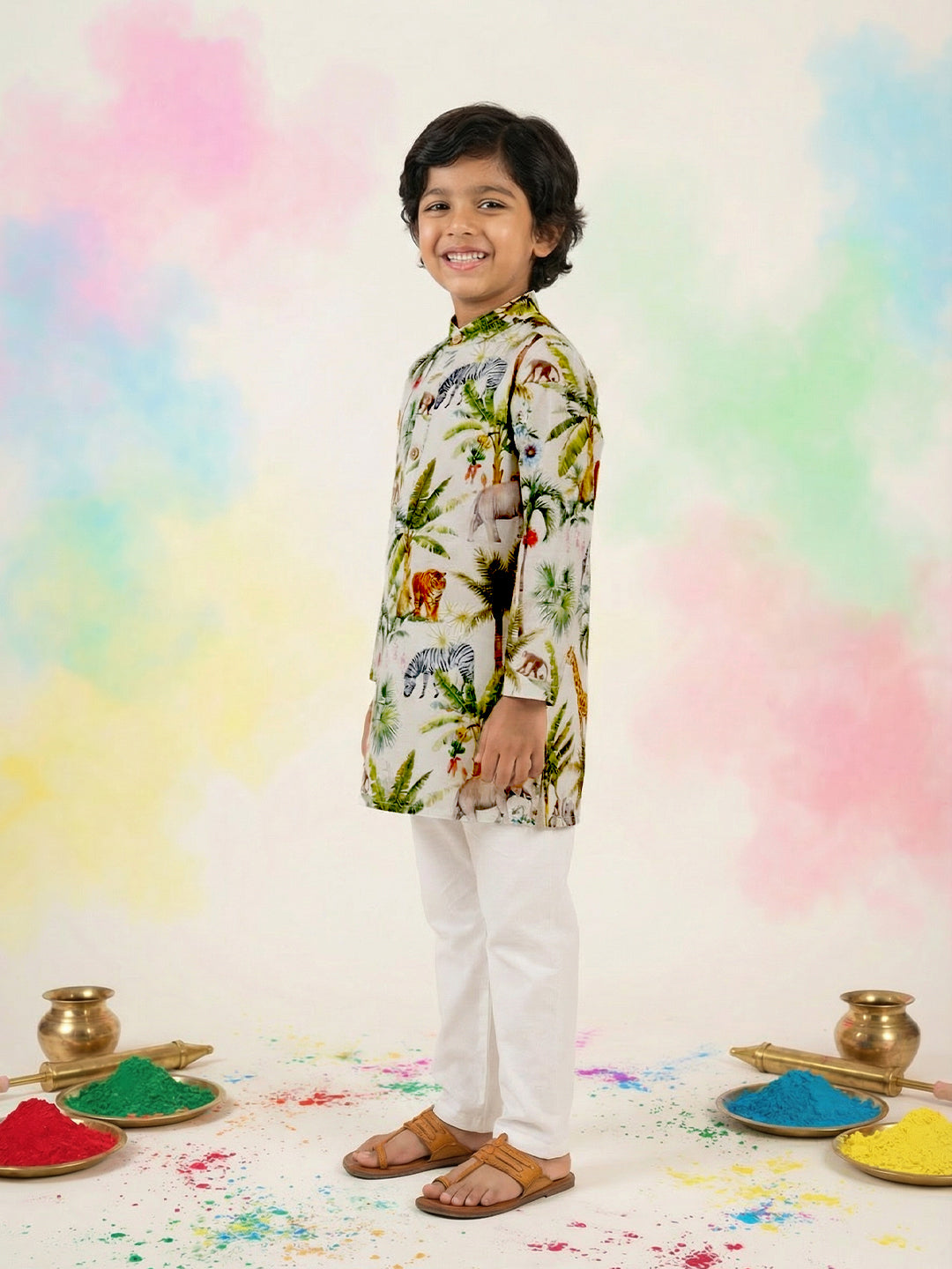 Boys' 100% Cotton Festive Resort Style Printed Kurta & Solid Pyjama Set
