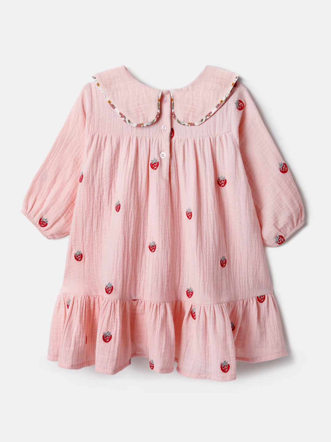 Nautinati Baby Pink Strawberry Embroidered Dress for Infant Girls