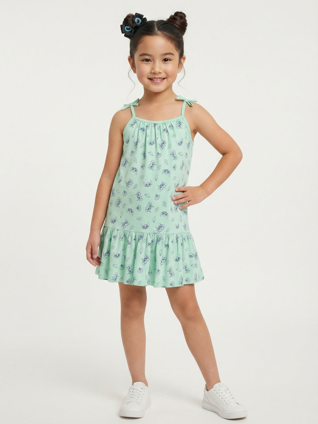 Nautinati  Girls All-over Lilo & Angel Printed Regular Fit Tie-up Style Sleeveless Dress