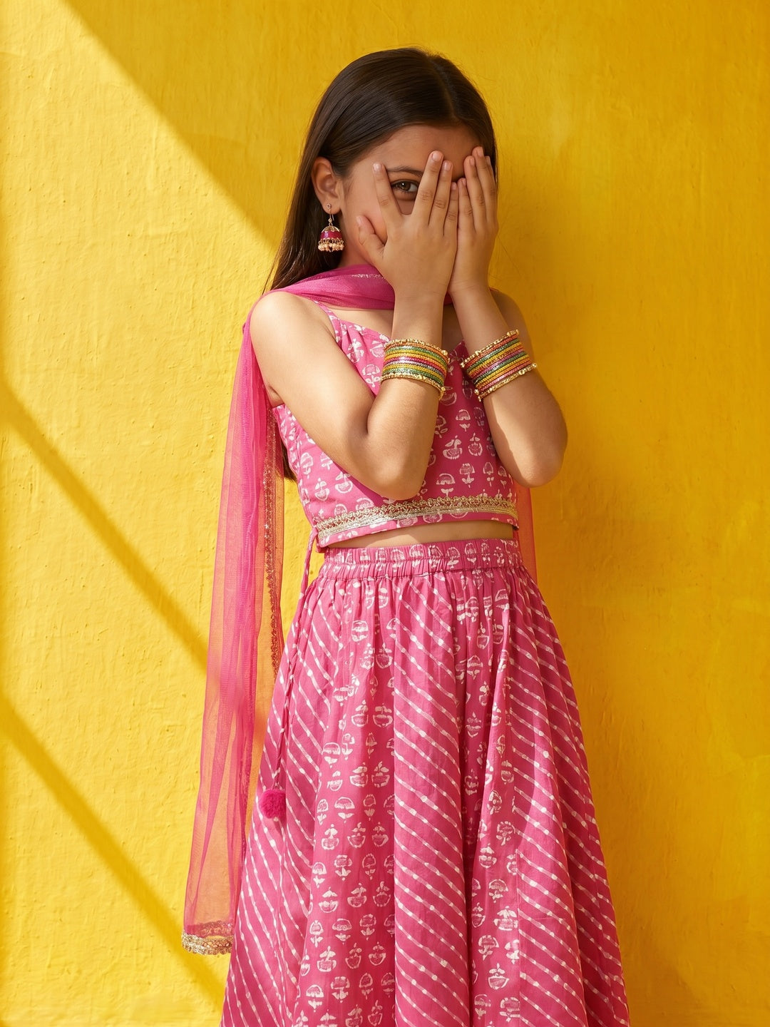 Nautinati Girls' 100% Cotton All-over Bandhani Print Lehenga Choli Set with Net Dupatta