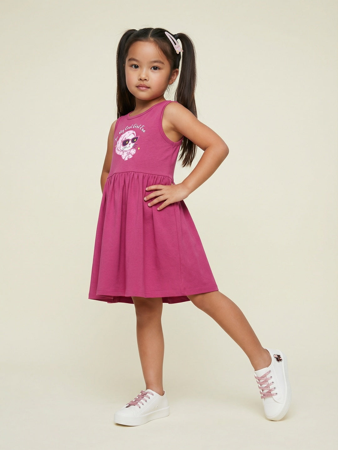 Nautinati Girls' 100% Cotton Pack of 2 Fit & Flare Dresses with Cat Graphic & Floral, Heart All-over Print