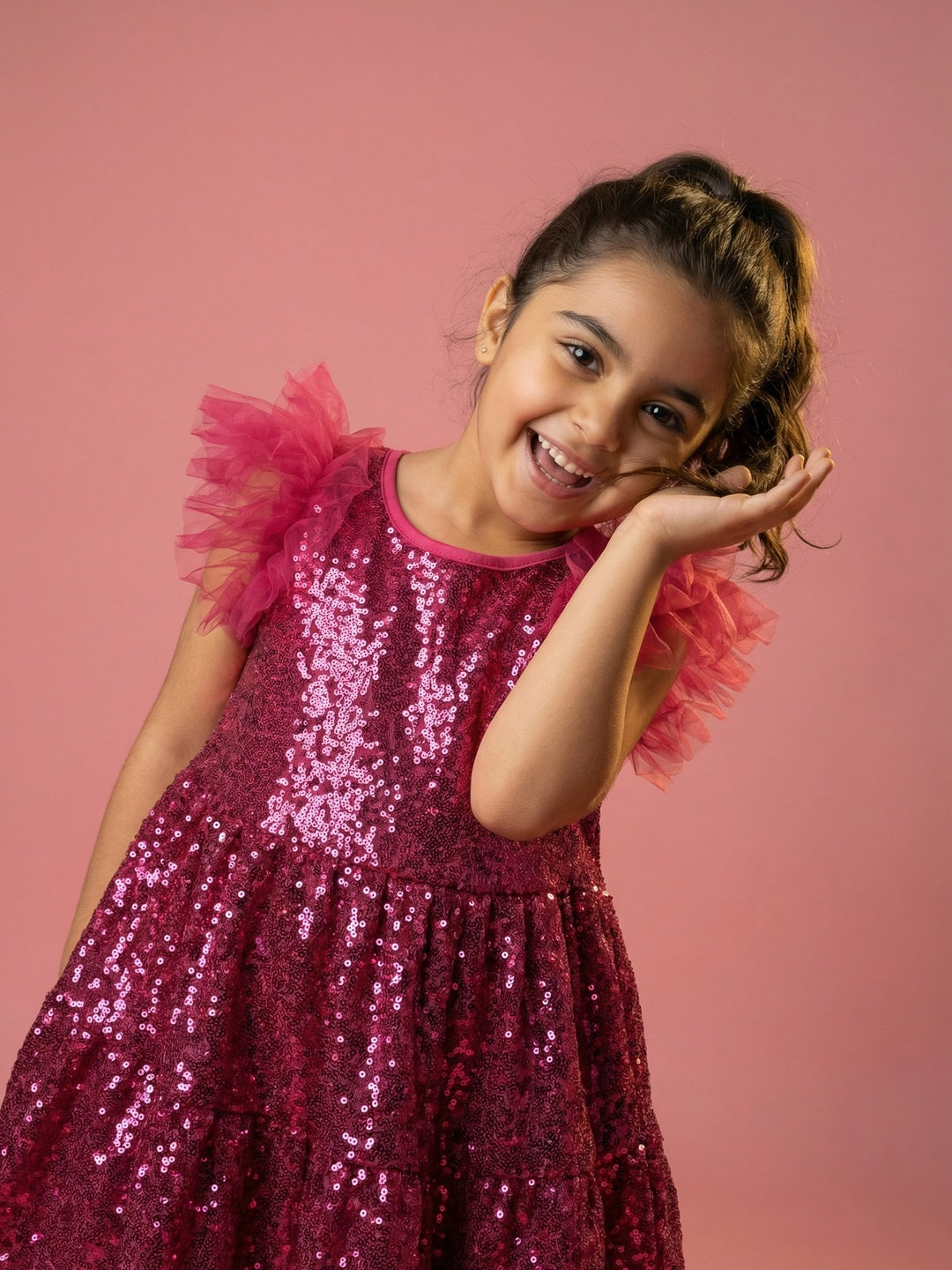 Nautinati Girls' Solid Sequinned A-line Party Dress with Ruffle Mesh Sleeves