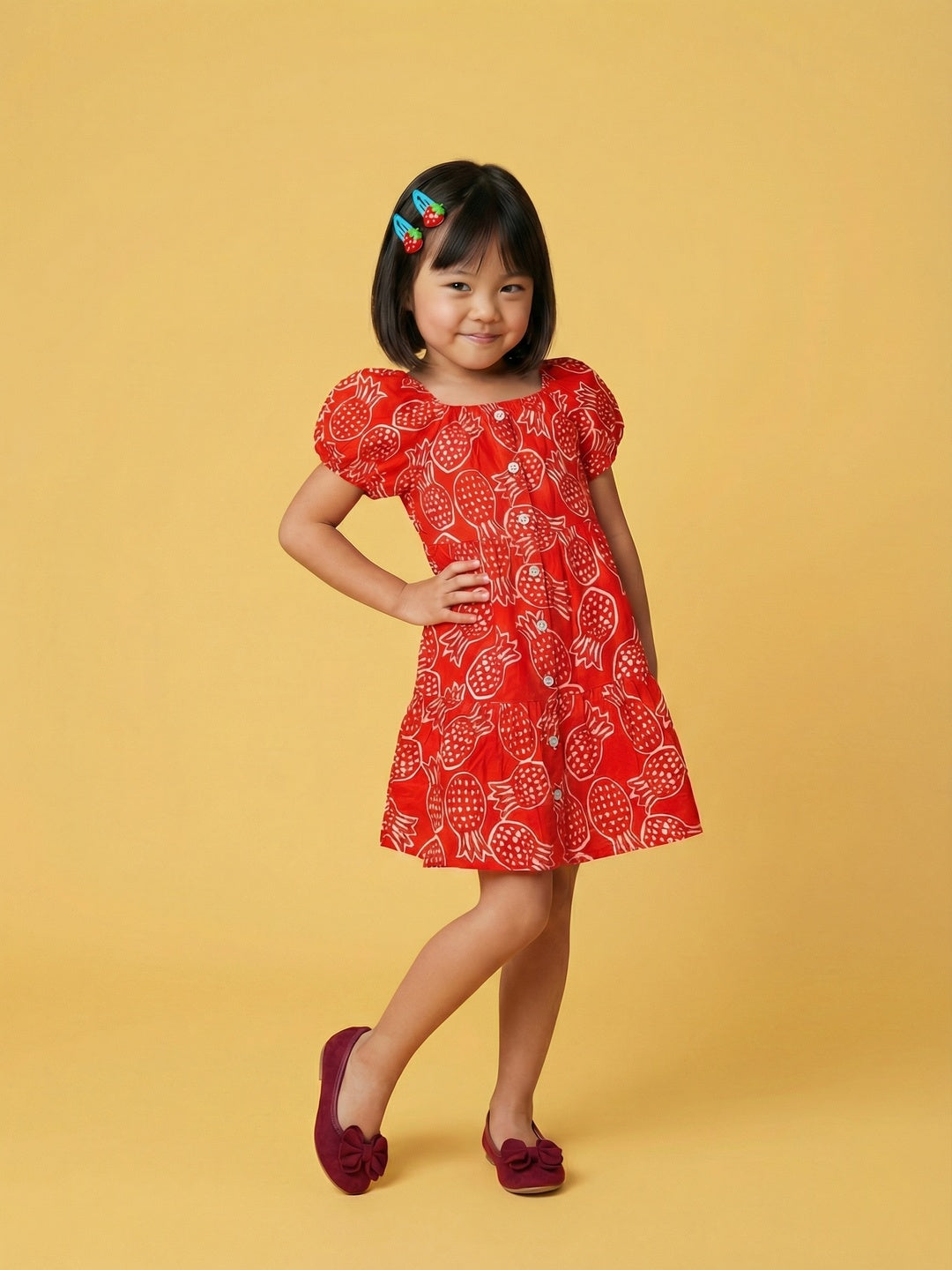 Nautinati Girls' Cotton Blend All-over Print Fit & Flare Dress with Puff Sleeves