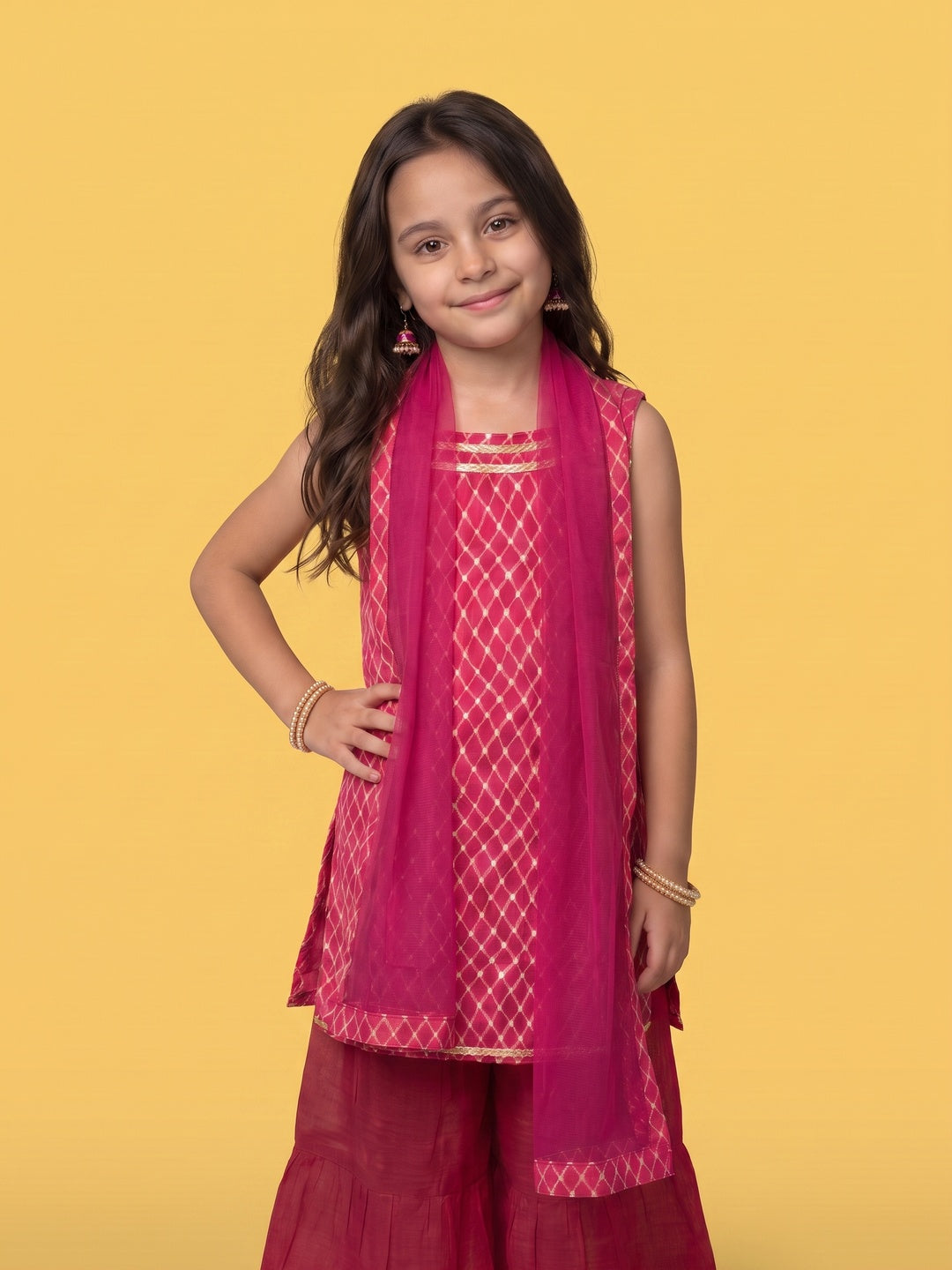 Nautinati Girls Pink Checks Kurti and Sharara Set, 2-10Y