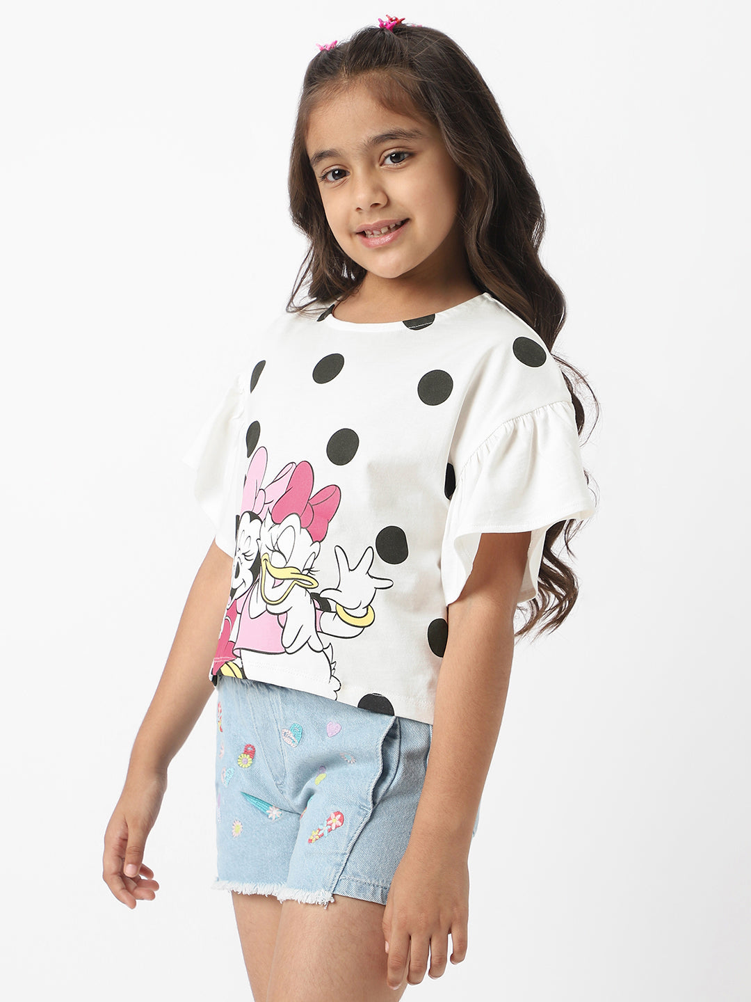 Nautinati Disney Girls Cotton Minnie Mouse & Daisy Polka Printed Flare Sleeves Top