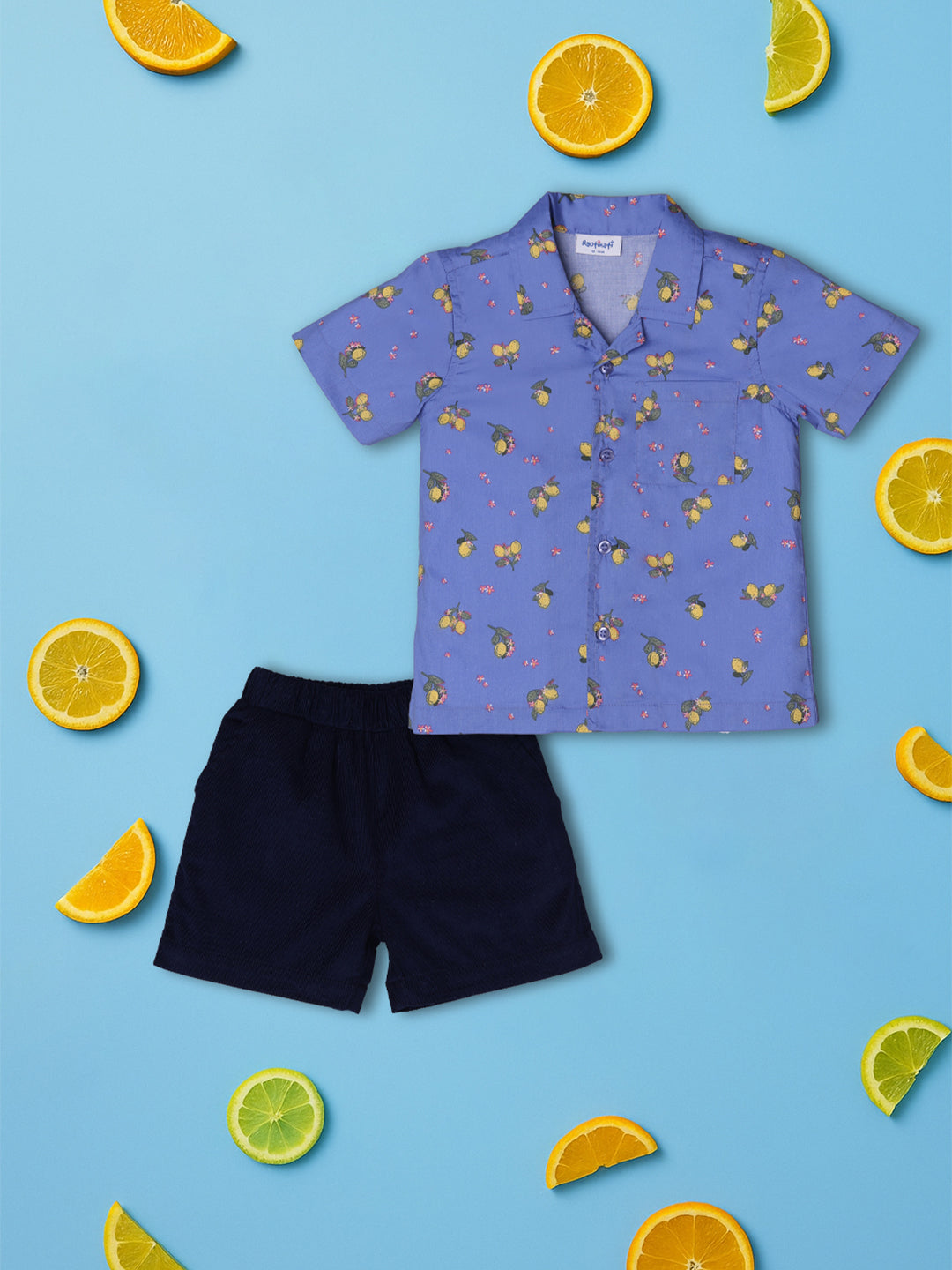 Nautinati Blue Shorts With Printed Shirt Set For Boys