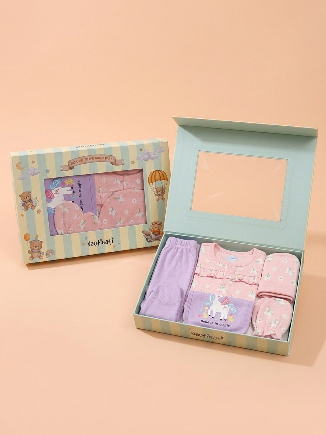 Nautinati Baby Girls Pure Cotton Summer themed Printed 5-pieces Gift Set