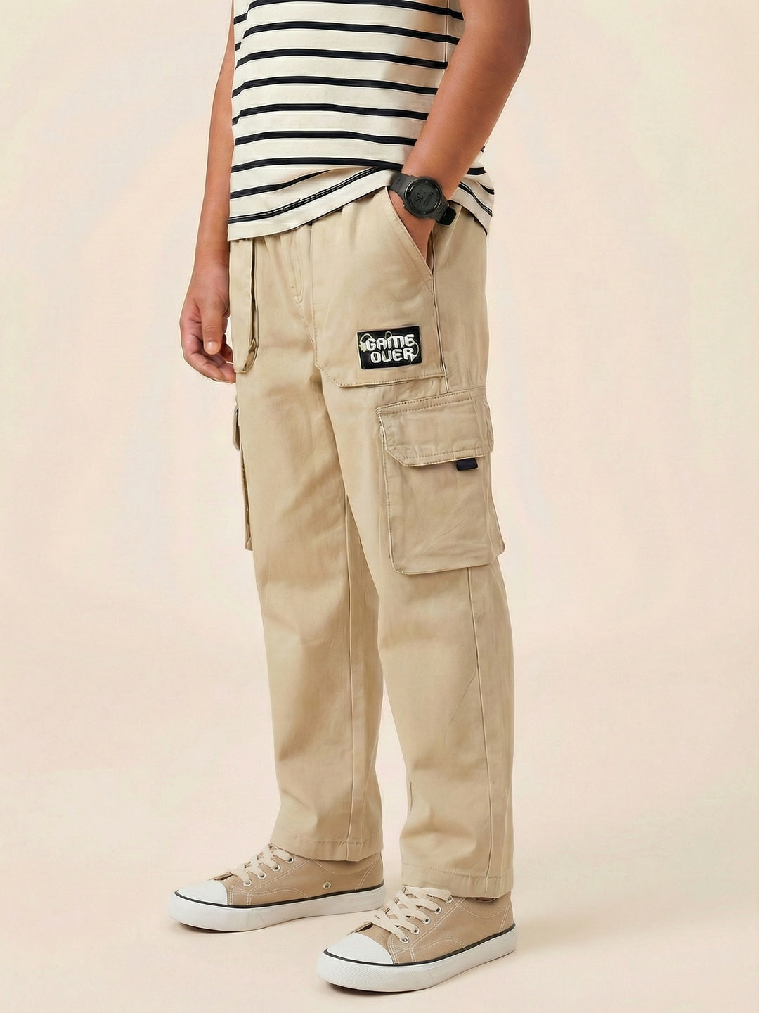 Nautinati Boys 100% Cotton Regular Fit Solid  Woven Cargo Pants with Badge
