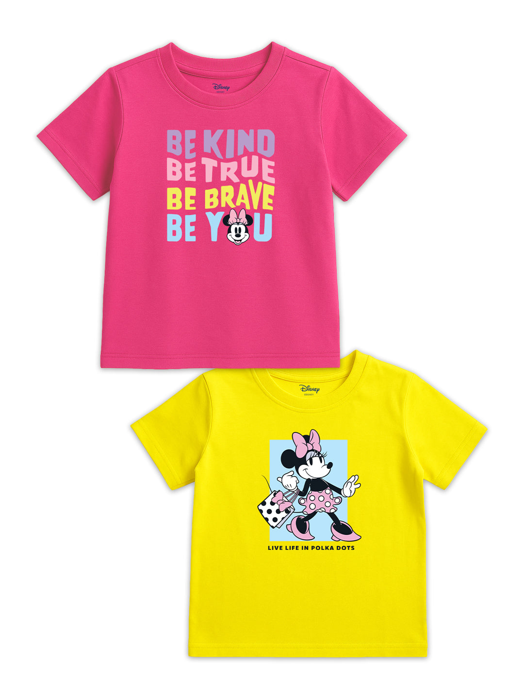 Nautinati Pack of 2 Pink and Yellow Minnie Mouse Print T-shirts for Girls