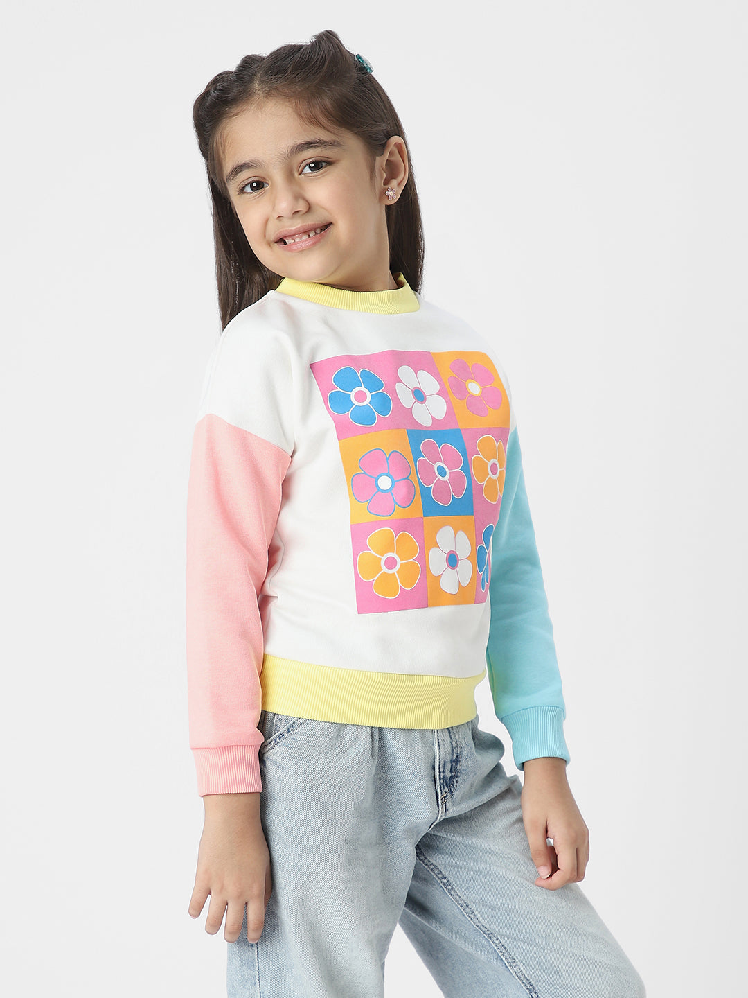 Girls Floral Printed Colourblock Sweatshirt