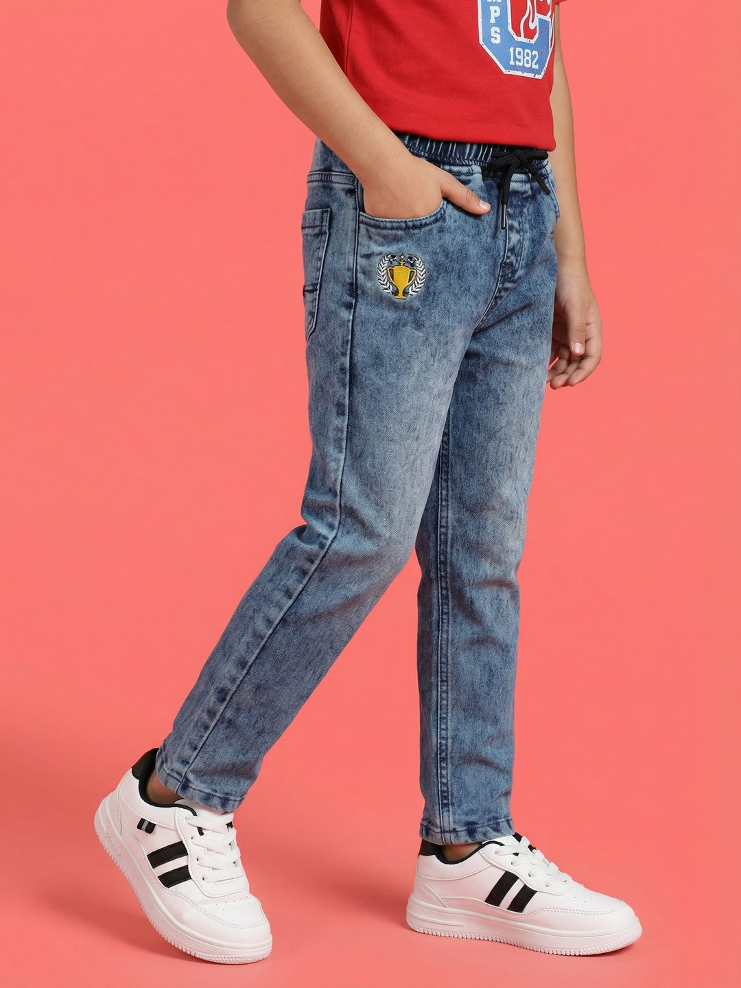 Nautinati Boys' 100% Cotton Stretchable Dark Cloud Wash Embroidered Jogger Jeans