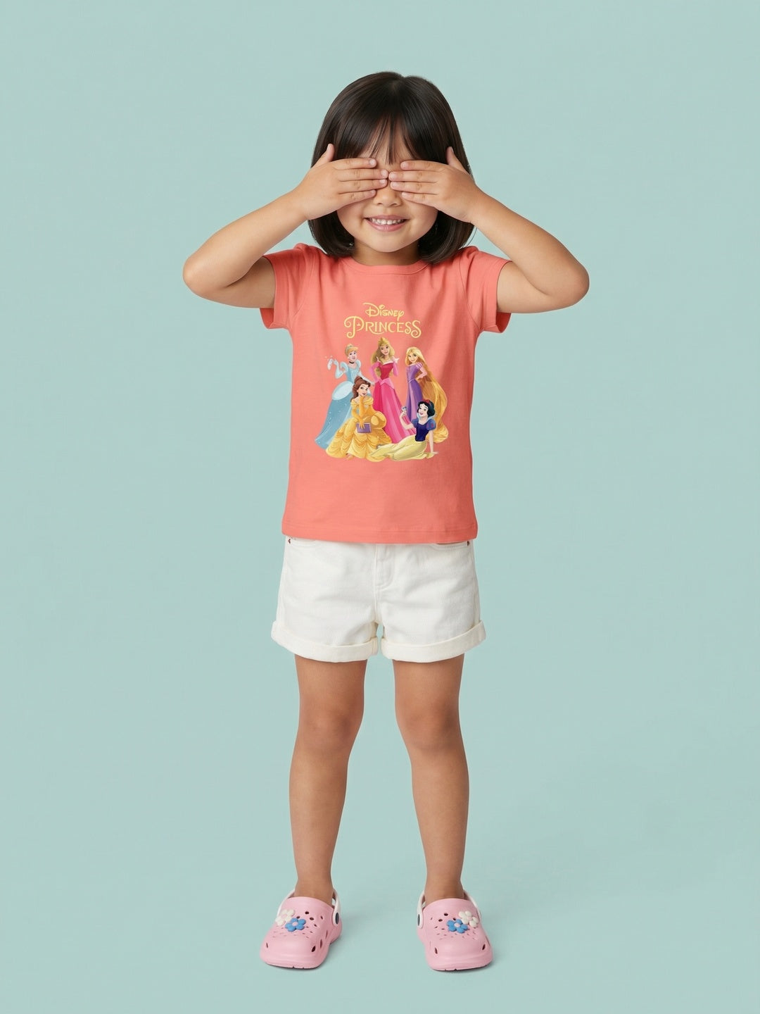 Nautinati Girls' 100% Cotton Crew Neck Disney Princesses Placement Print T-shirt