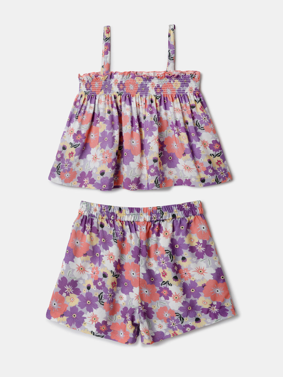 Nautinati Purple Printed Top and Shorts Set for Girls