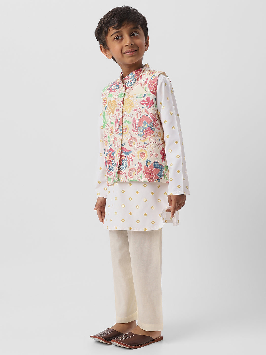 Nautinati Boys Cotton Sewn on Pocket Square Kurta Set with Printed Nehru Jacket