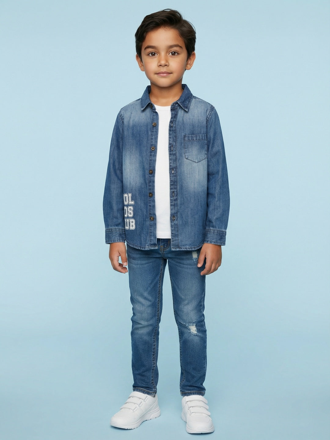 Nautinati Boys' 100% Cotton Dark Wash Varsity Placement Print Denim Shirt