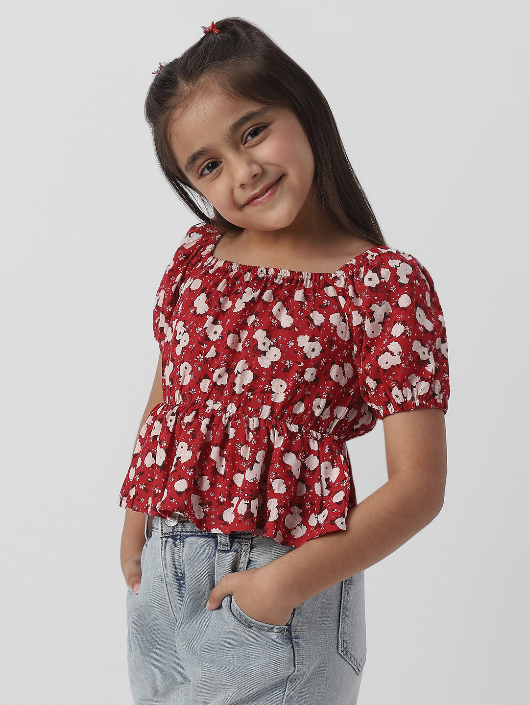 Nautinati Girls Floral Print Puff Sleeve Fit and Flare Top