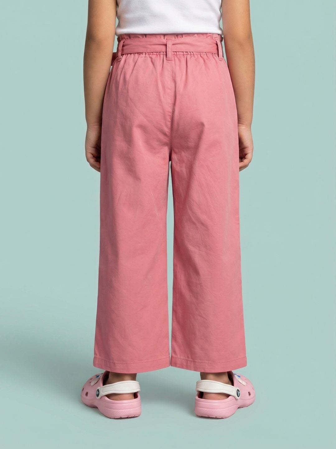 Nautinati Girls' 100% Cotton Solid Loose Fit Paperbag High-waist Wide-leg Pants with Belt
