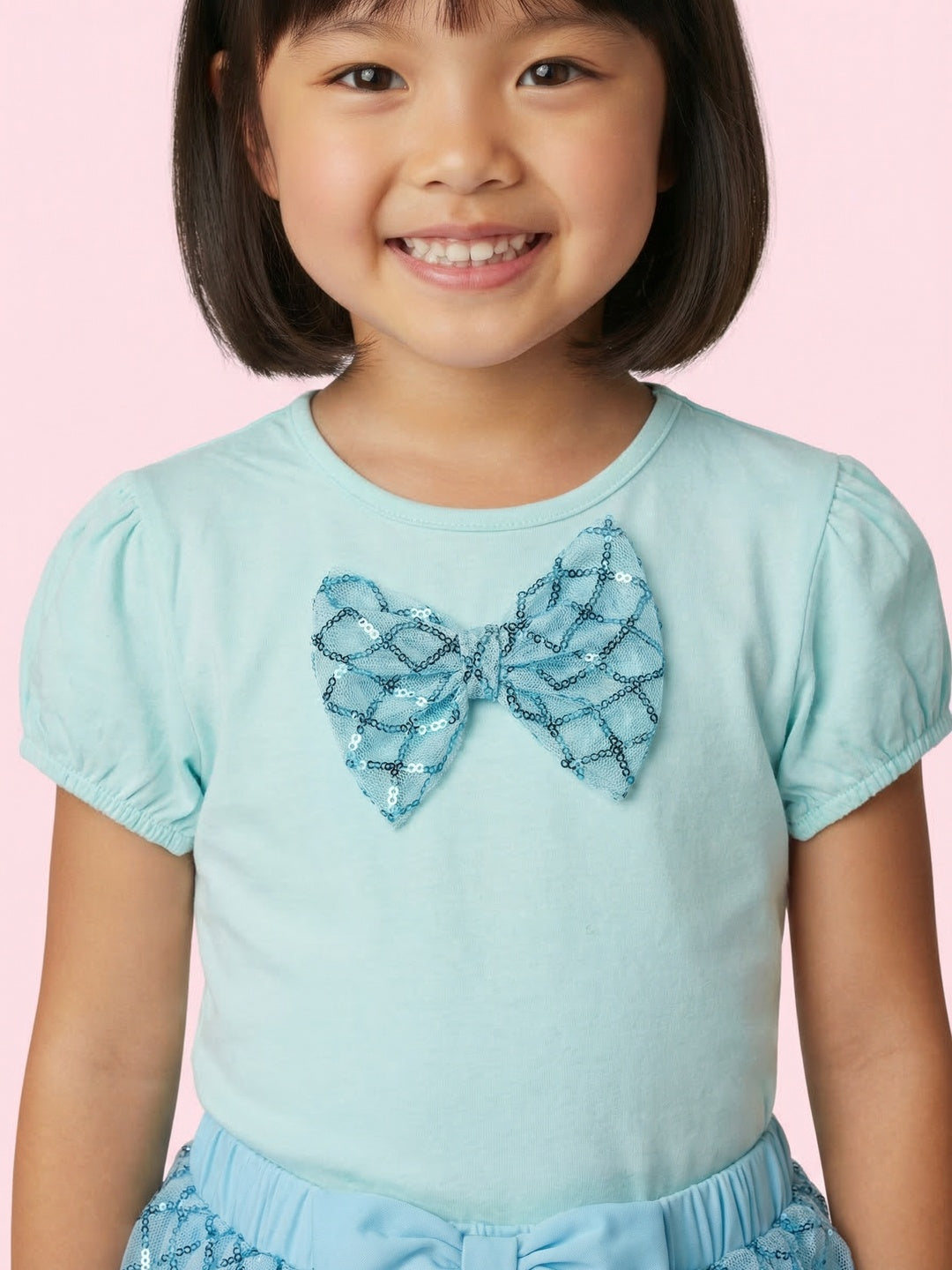 Nautinati Girls Blue Sequined T-Shirt And Skirt With Satin Bow Clothing Set