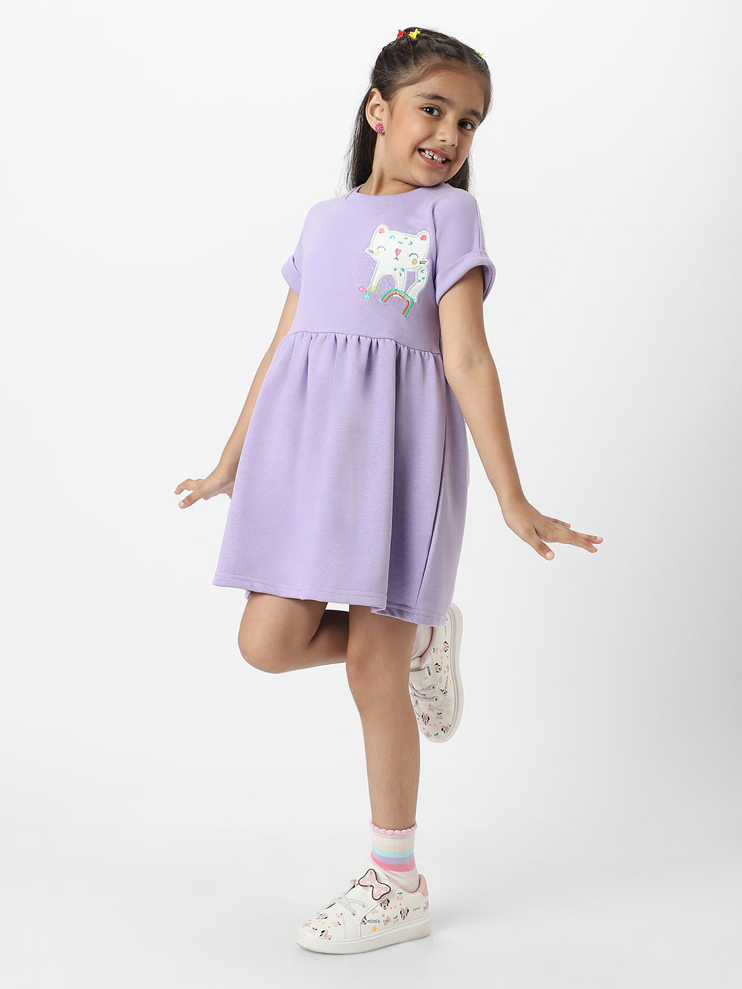 Nautinati Girls Lavender Cat Printed Kimono Sleeves A-Line Frock